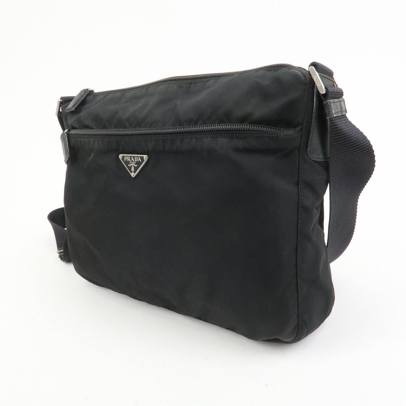 PRADA Triangle Logo Nylon Saffiano Leather Shoulder Bag Black V161