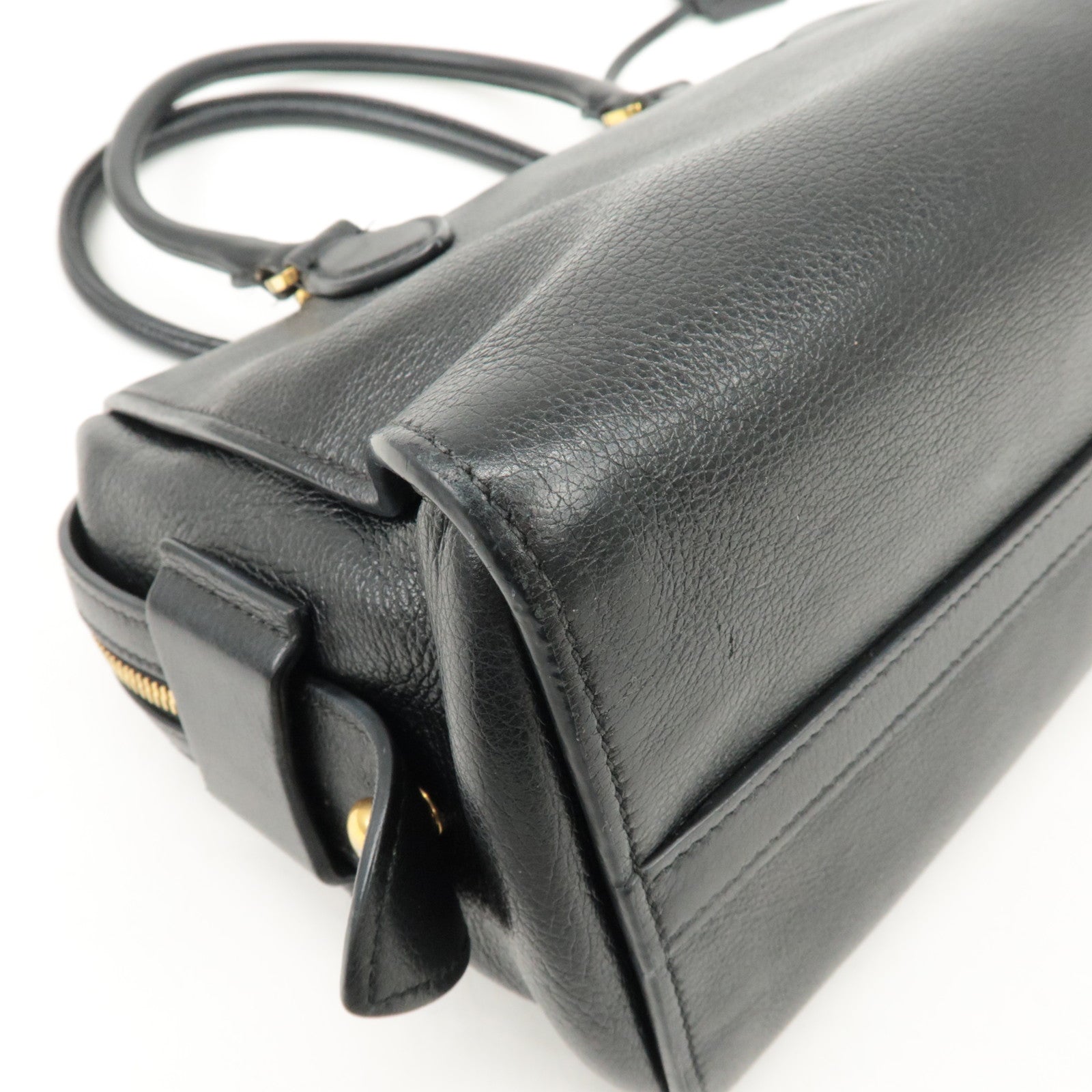 PRADA Leather 2Way Bag Shoulder Hand Bag Black Gold Used