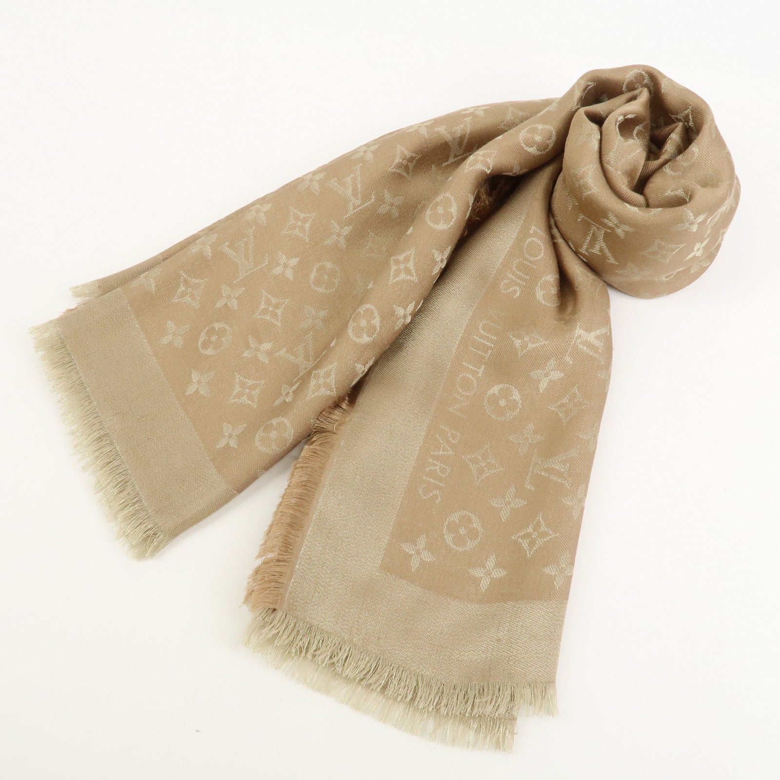 Louis Vuitton Shawl Monogram Shine Silk Rayon Scarf Beige M70459