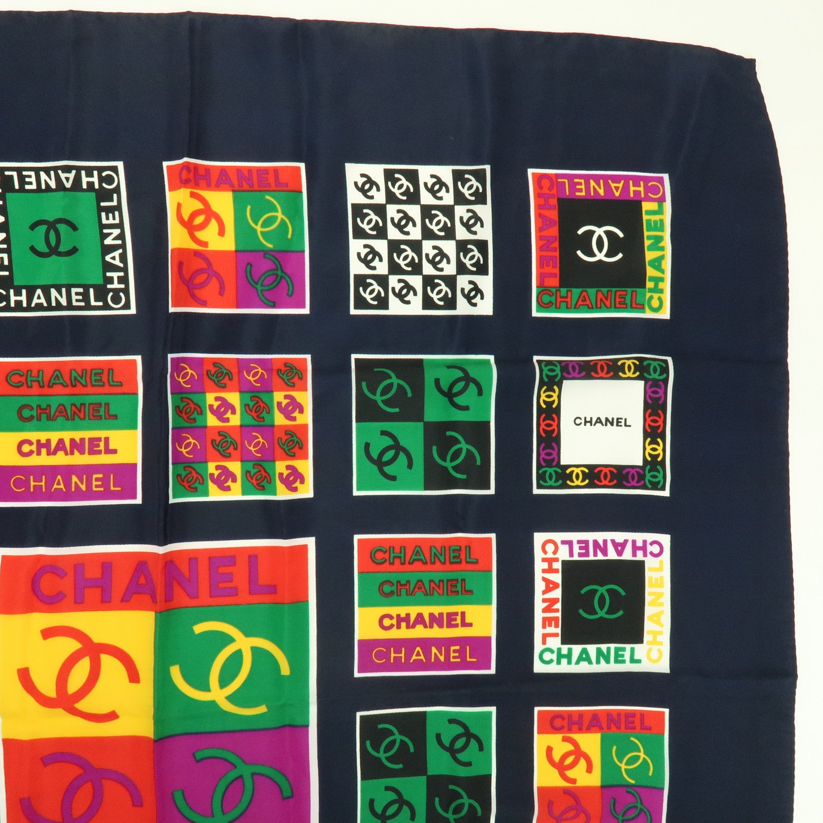 CHANEL COCO Mark Silk 100% Scarf Logo Print Black Multicolor