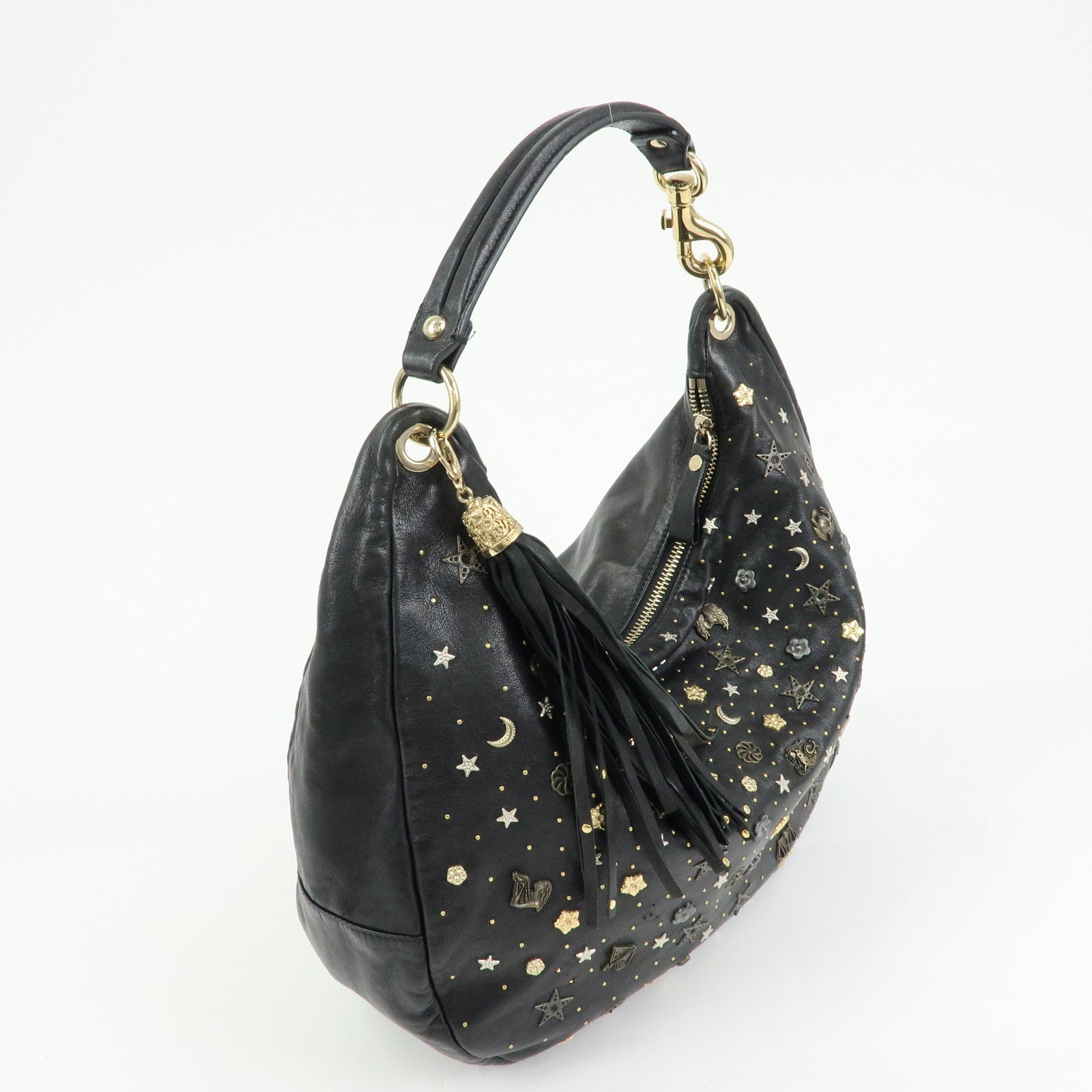 JIMMY CHOO Zodiac Leather Studs Shoulder Bag Hand Bag Black