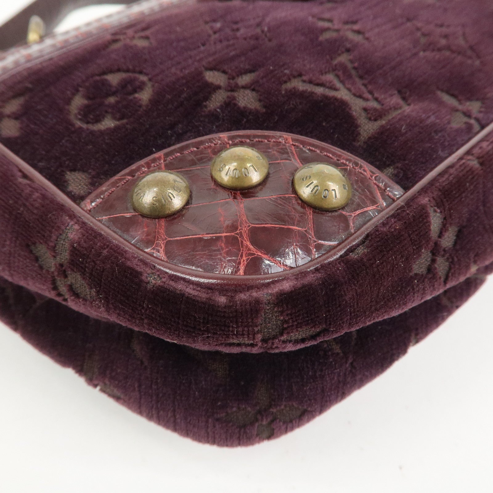 Louis Vuitton Monogram Vleur Velvet Leather Hand Bag Burgundy