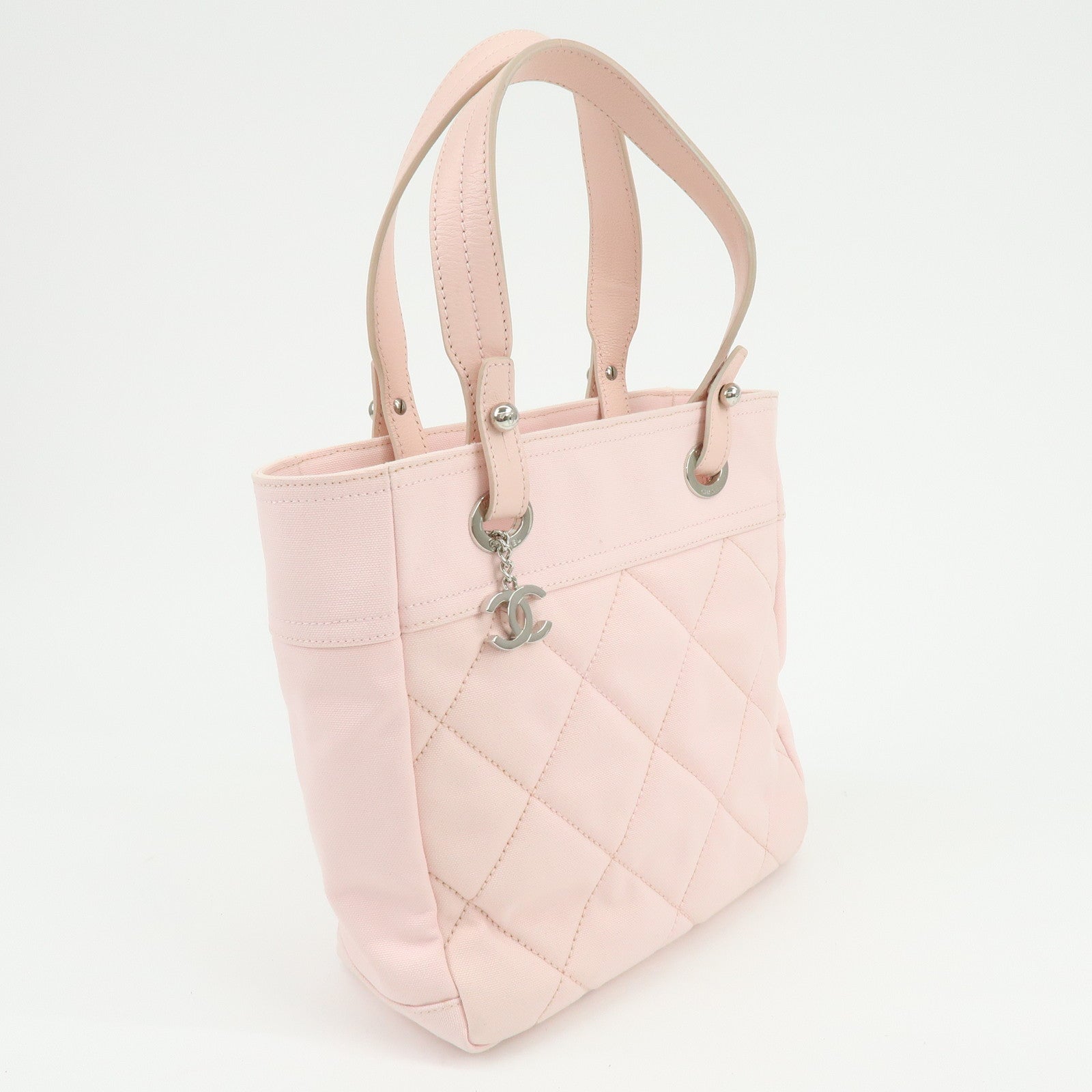 CHANEL Paris Biarritz PM Canvas Leather Tote Bag Pink A34208