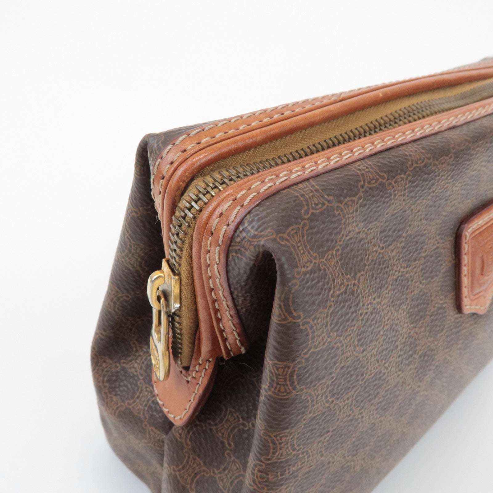 CELINE Macadam PVC Leather Canvas Pouch Brown Gold Hardware