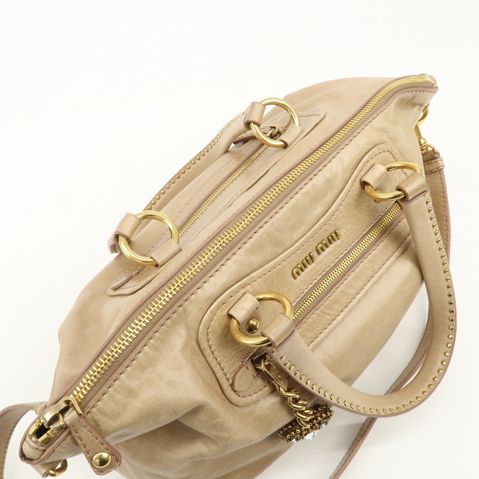 MIU MIU Logo Leather 2Way Bag Hand Bag Shoulder Bag Beige RN0728