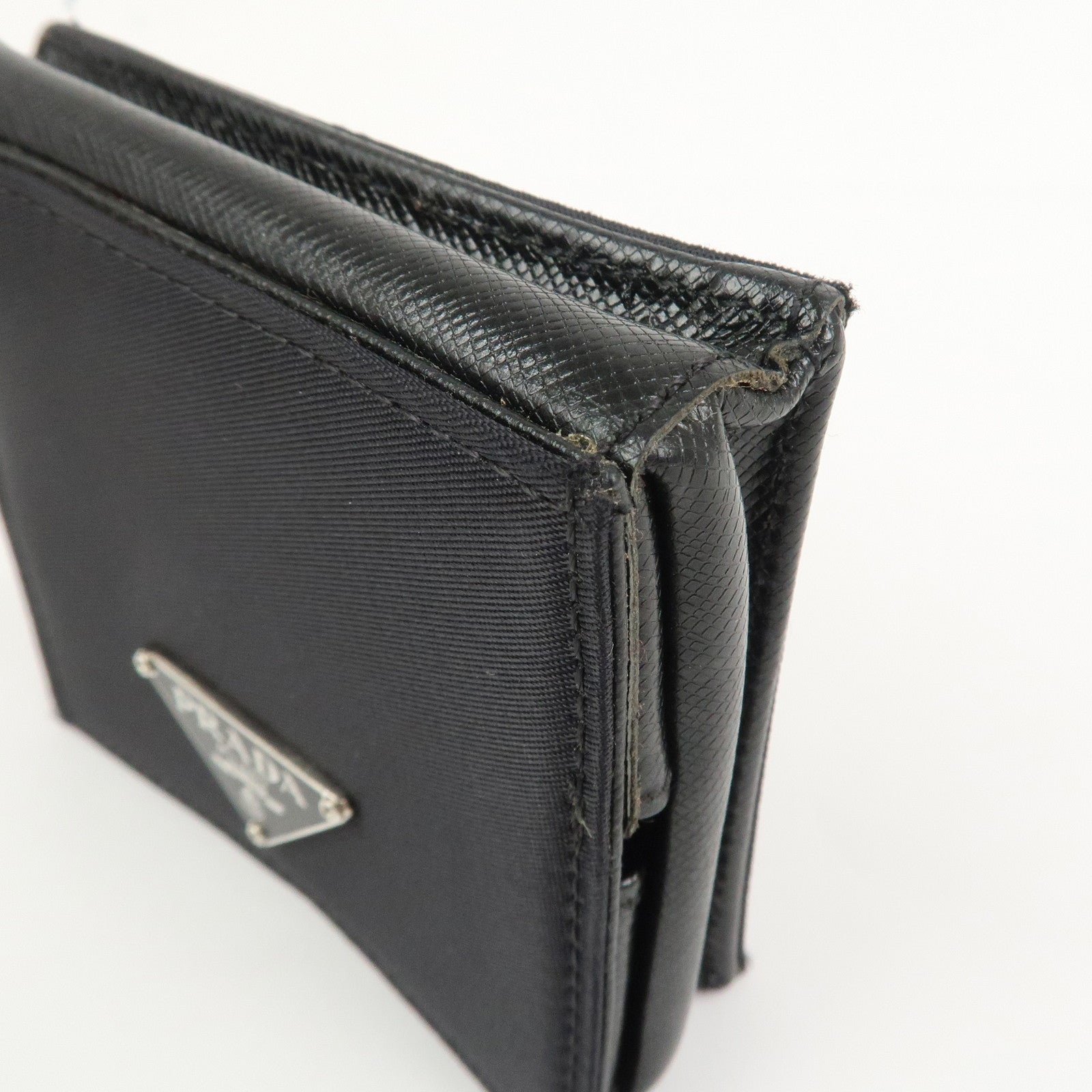 PRADA Triangle Logo Nylon Saffiano Leather Coin Case Black M634