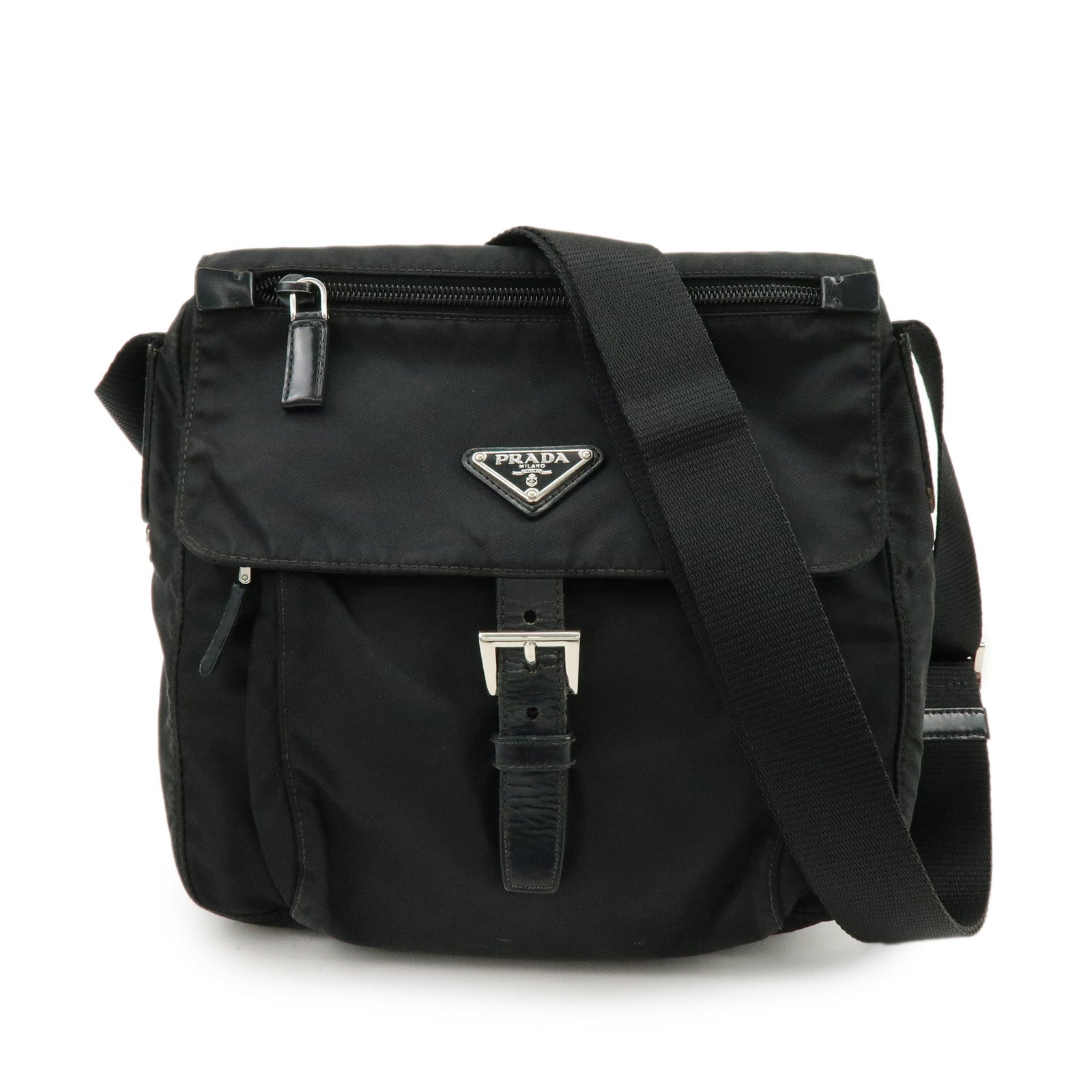 PRADA Triangle Logo Nylon Leather Shoulder Bag Crossbody Bag Black