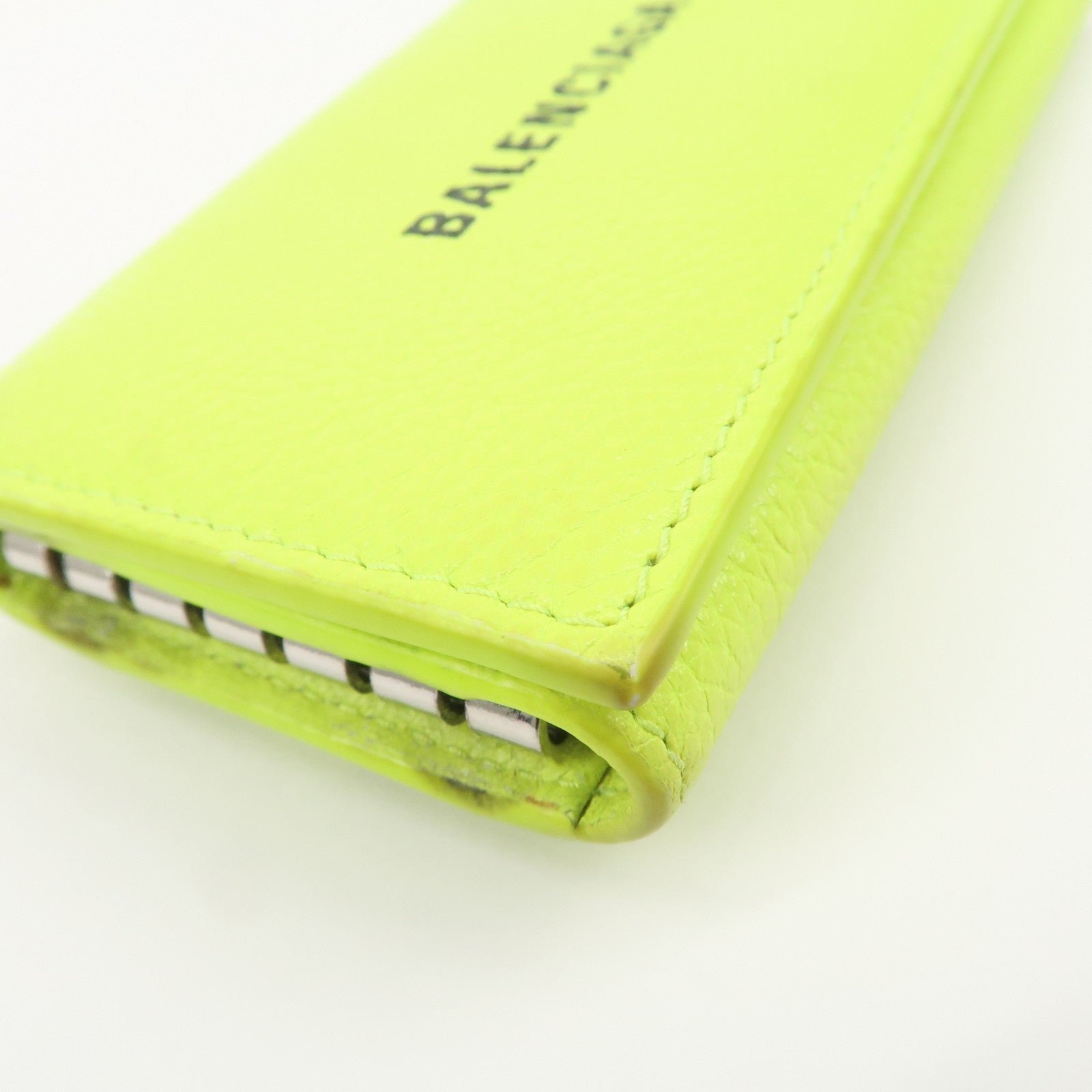 BALENCIAGA Logo Leather Key Case Key Holder Neon Yellow