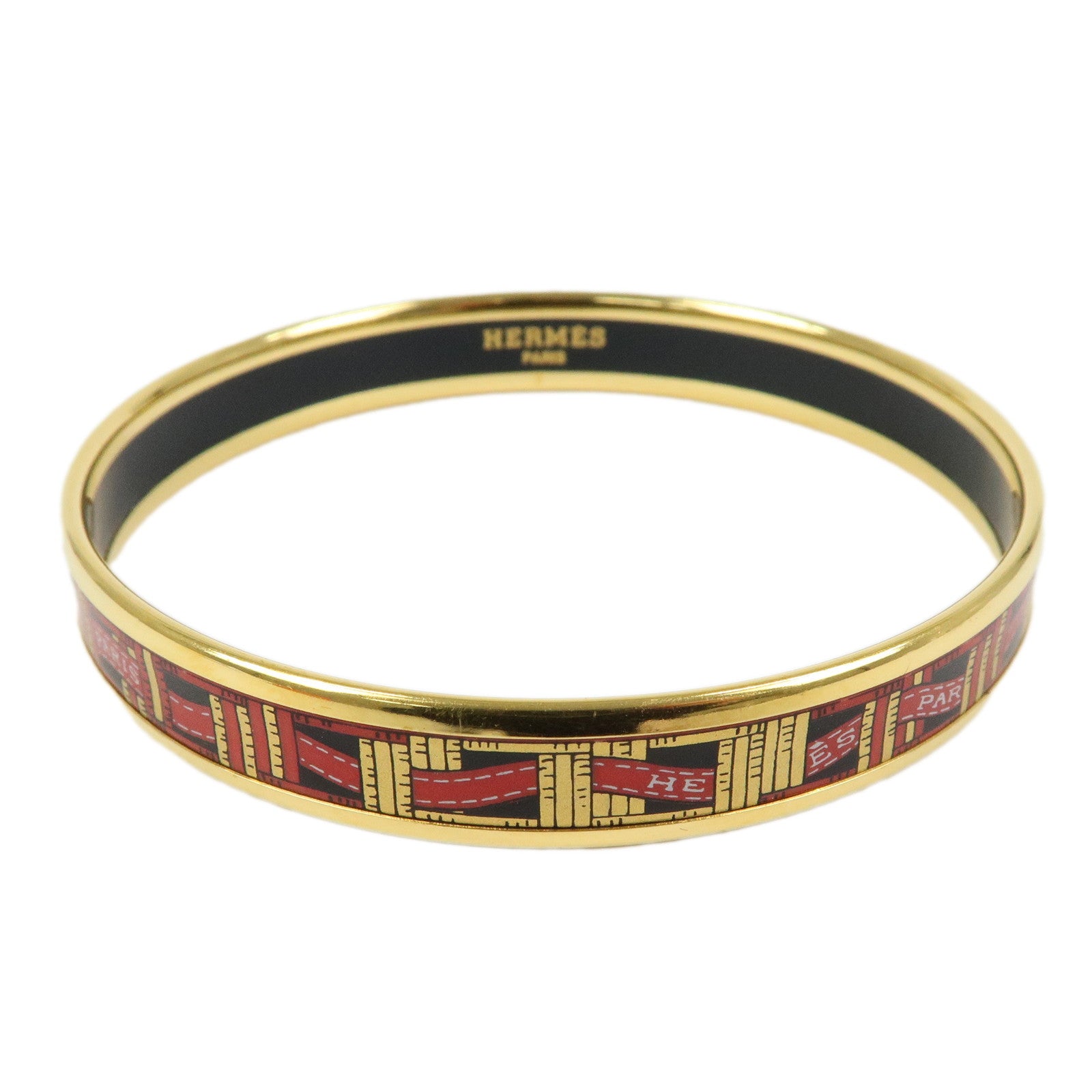 HERMES Email PM Bracelet Bangle Ribbon Motif Metal Gold Red Black