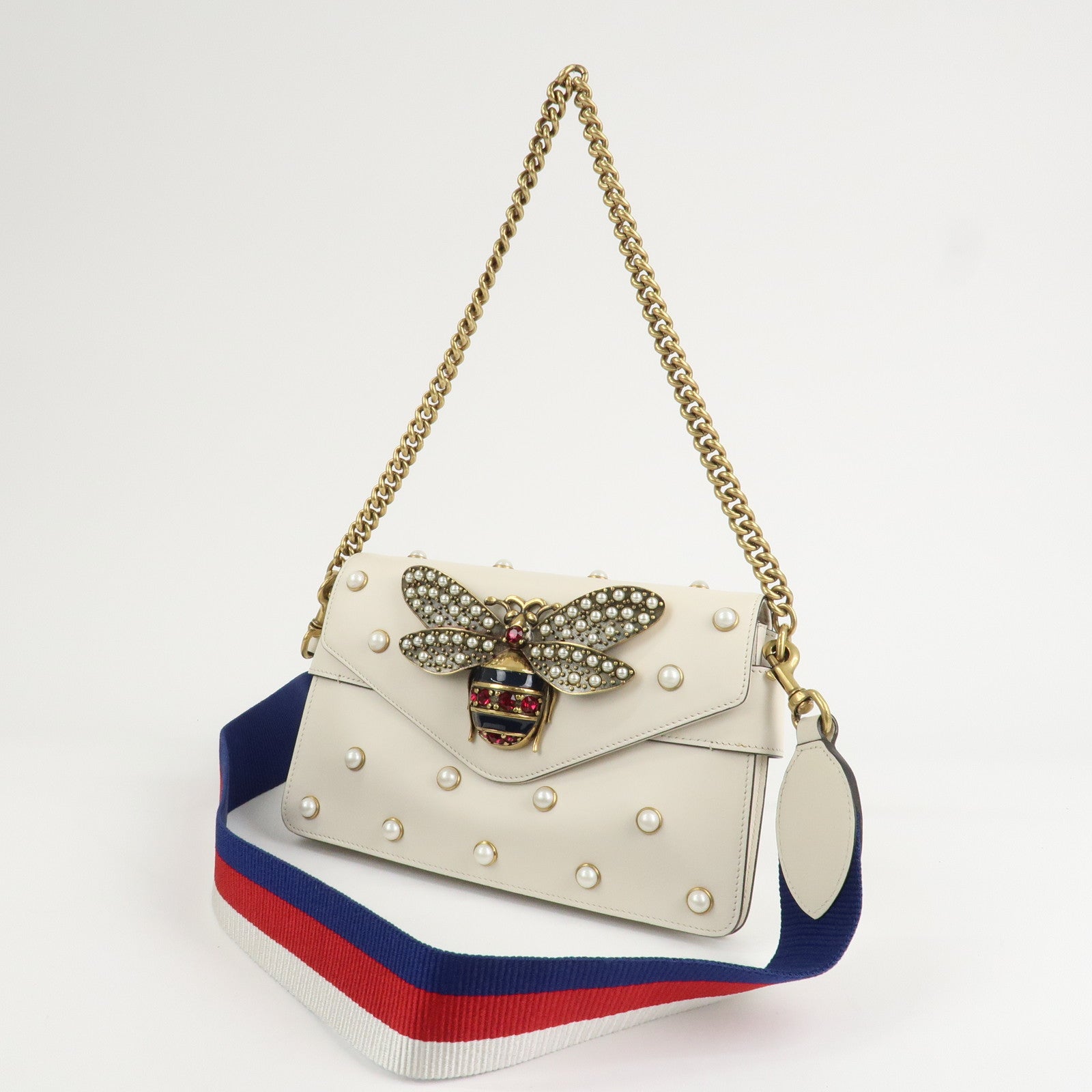 GUCCI Broad Eye Leather Chain Shoulder Bag Ivory 453778