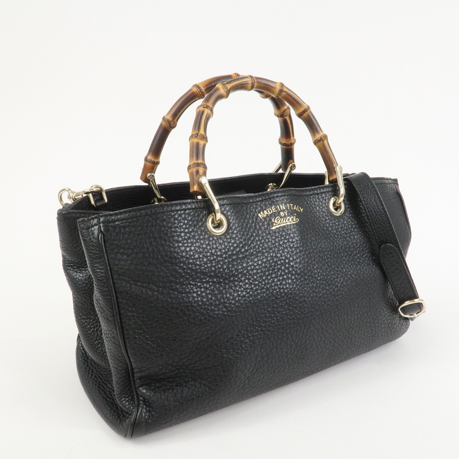 GUCCI Bamboo Shopper Medium Leather 2Way Shoulder Bag Black 323660