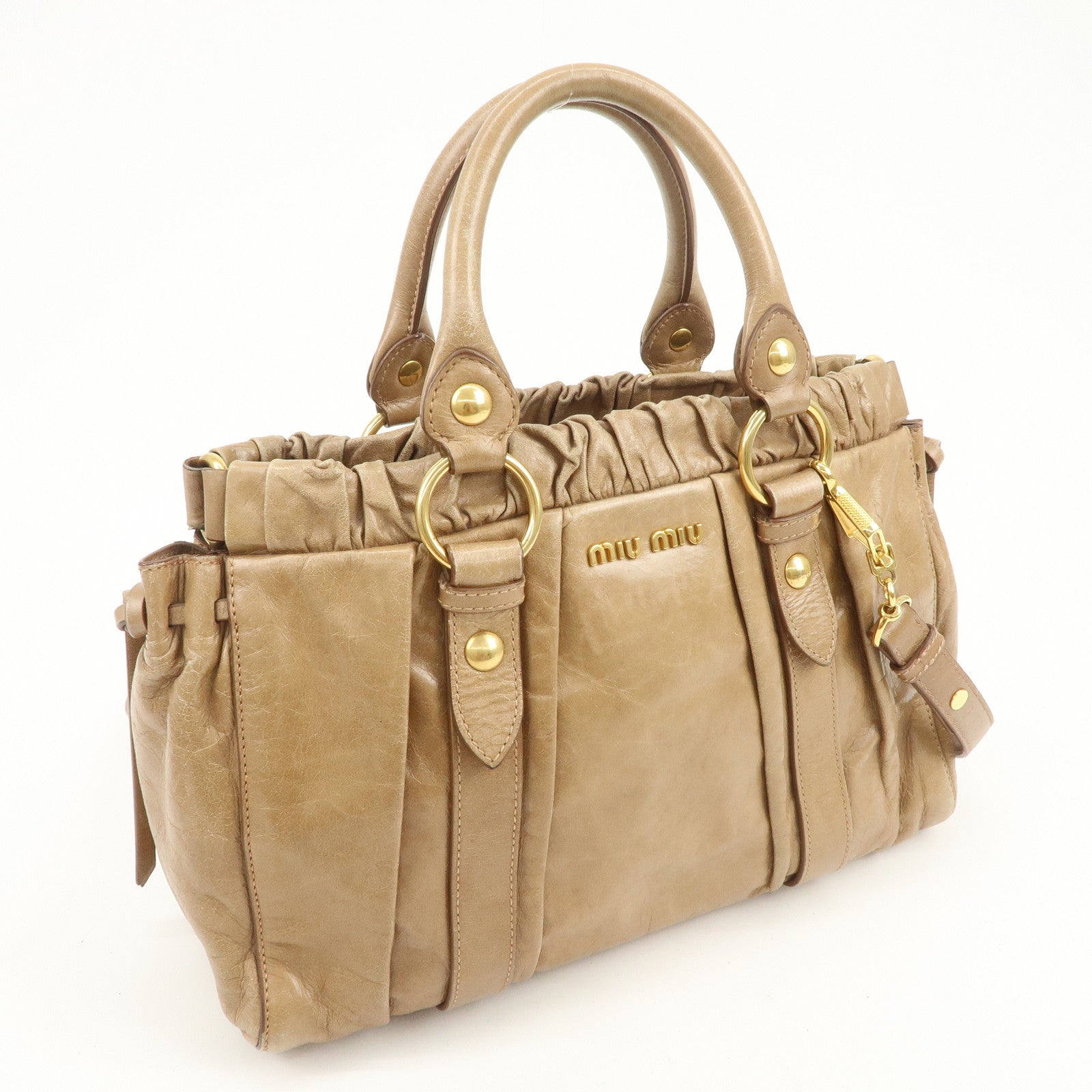 MIU MIU Leather 2Way Gathered Hand Bag Shoulder Bag Brown RT0383