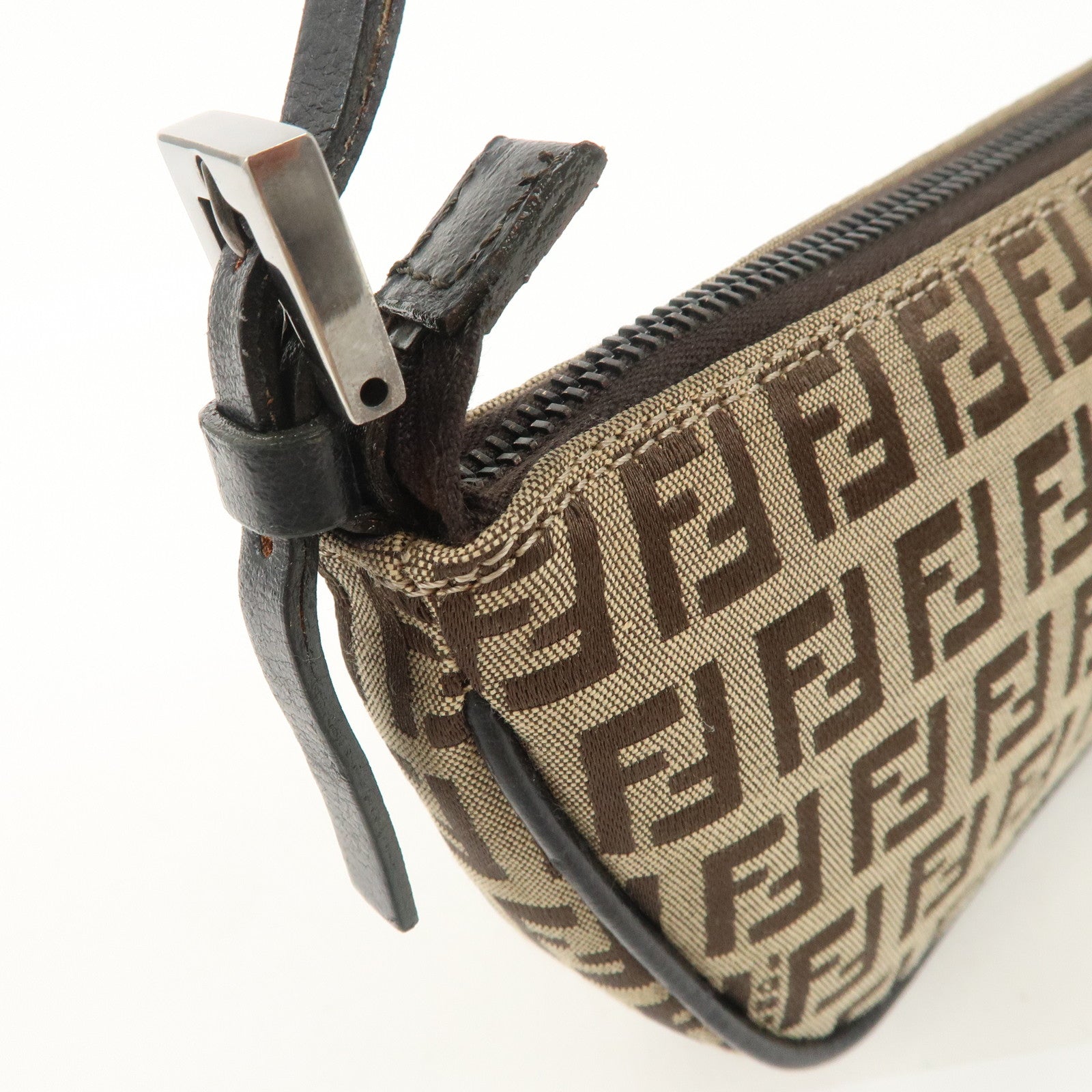 FENDI Zucchino Canvas Leather Shoulder Bag Brown Beige 8BR133 Used