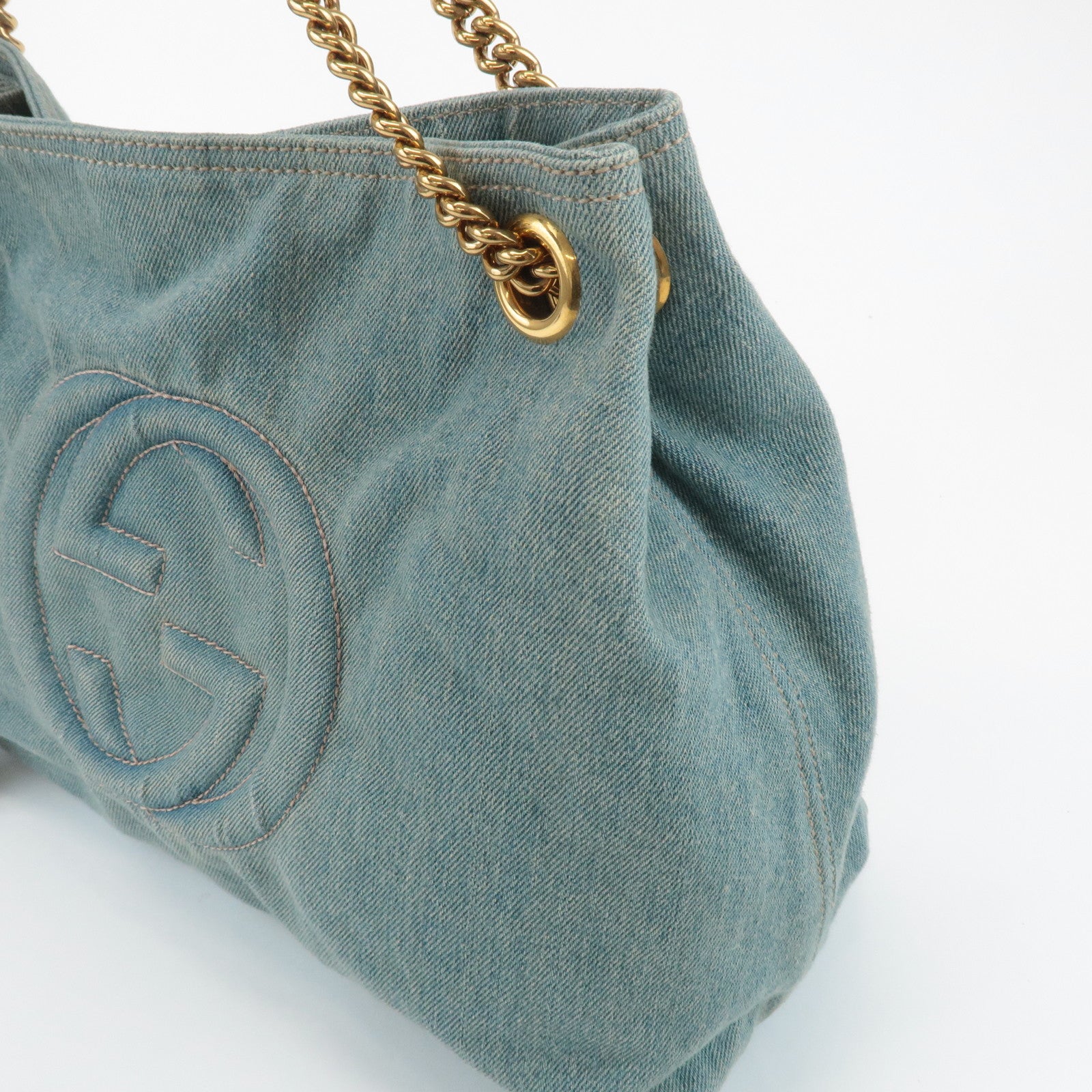 GUCCI SOHO Denim Leather Chain Shoulder Bag Fringe Charm Blue 308982 Used