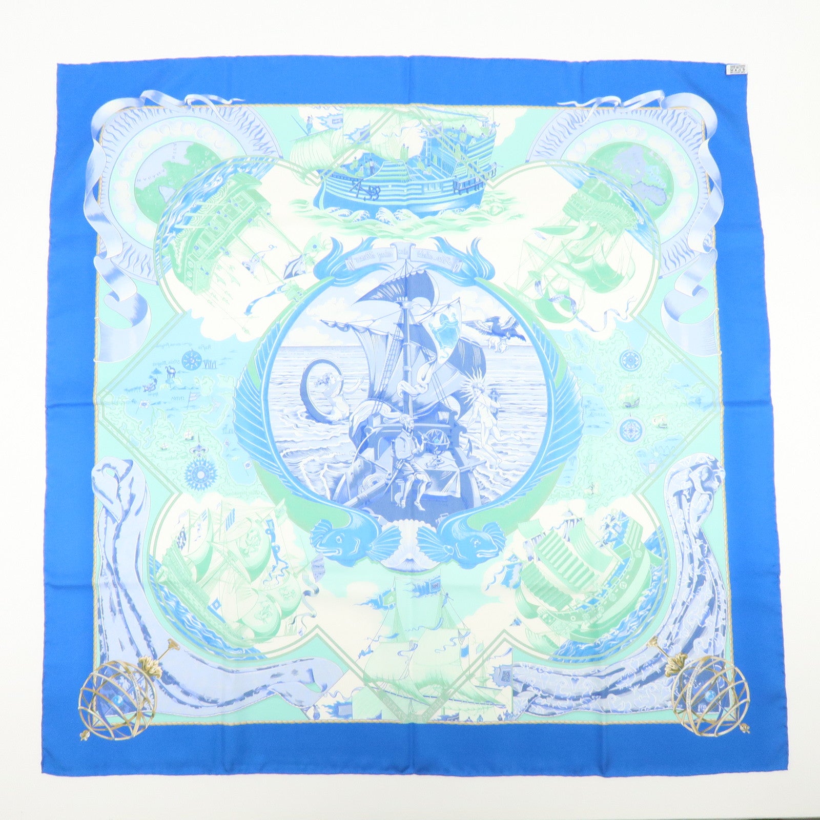 HERMES Carre 90 Silk 100% Scarf Au-dela des cinq mers Blue Green