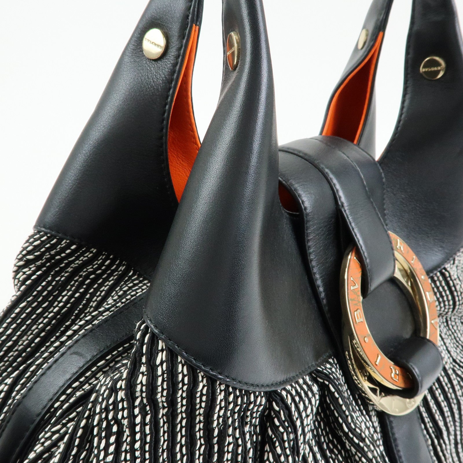 BVLGARI Chandra Leather Canvas Hand Bag Tote Bag Black Orange
