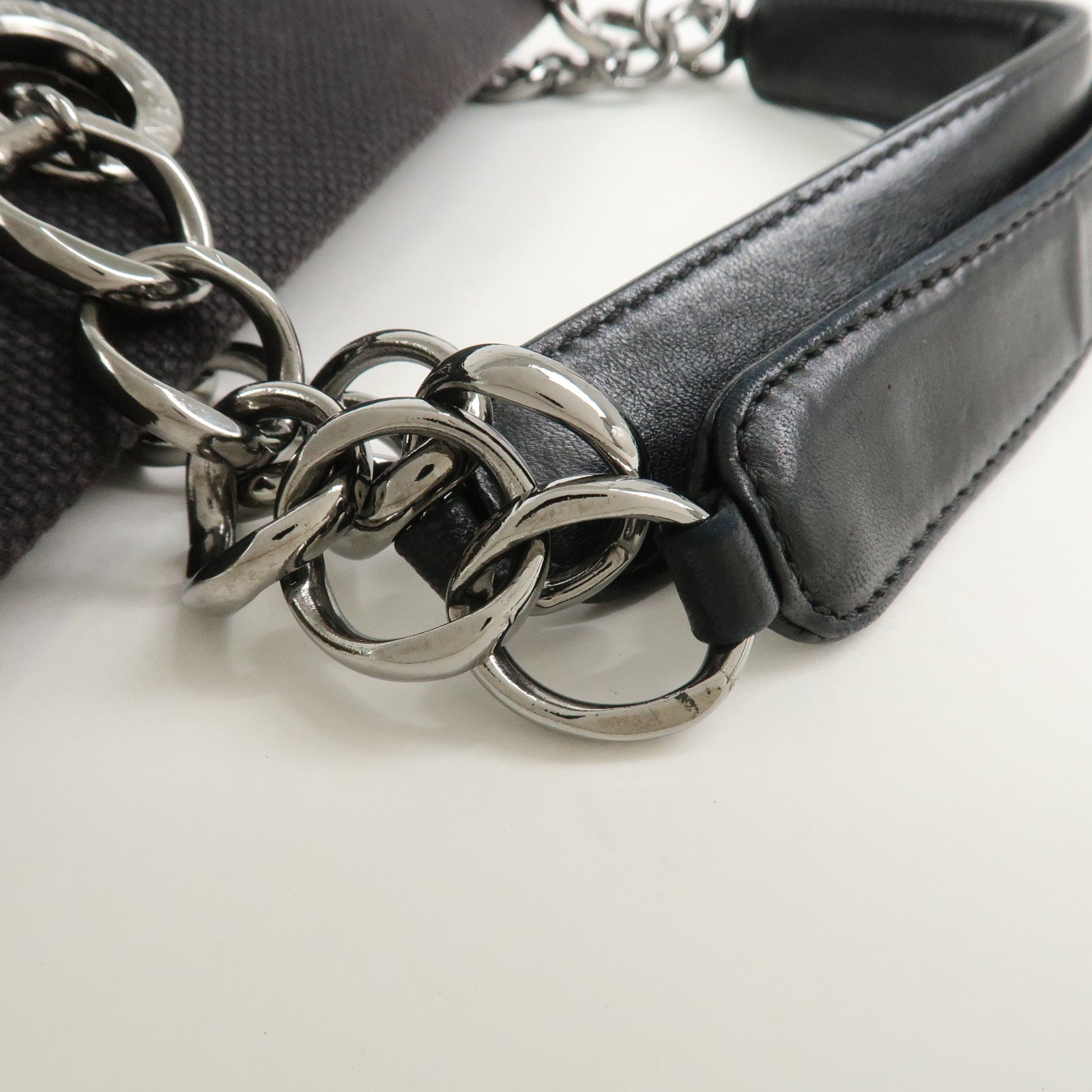 CHANEL Chocolate Bar Lamb Skin Canvas Shoulder Bag Hand Bag Black
