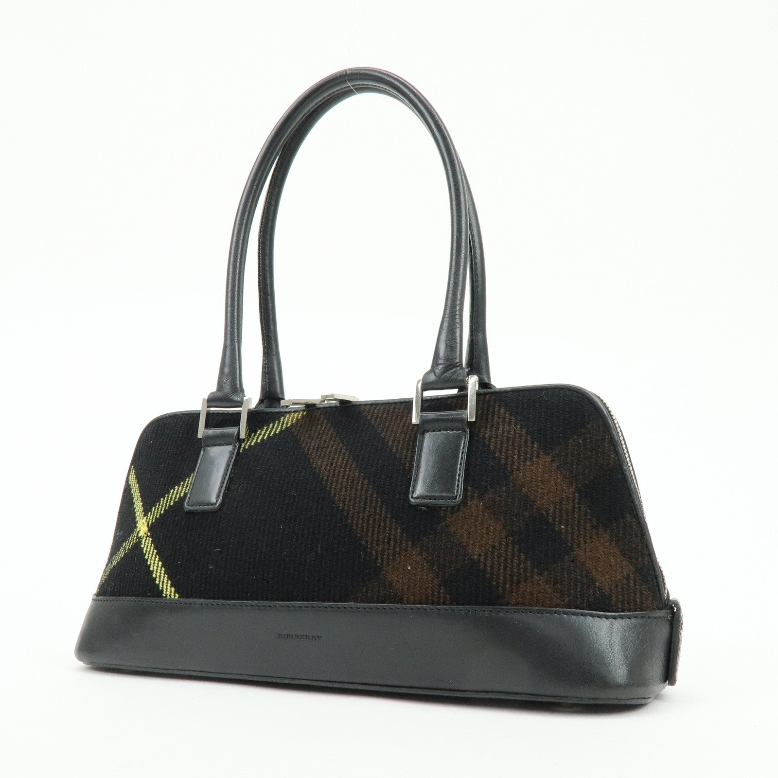 BURBERRY Plaid Canvas Leather Shoulder Bag Hand Bag Black Brown