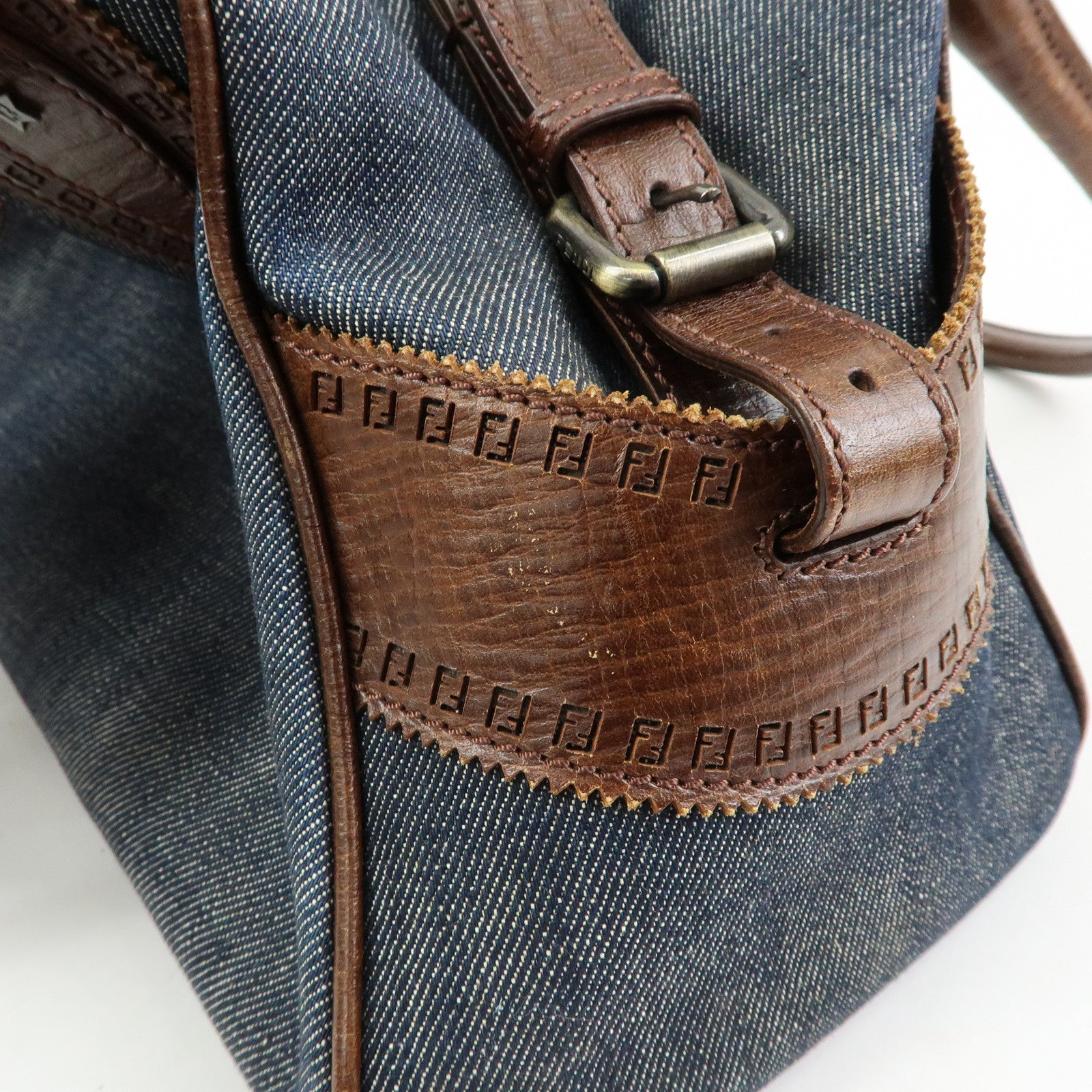 FENDI Etnico Denim Leather Tote Bag Shoulder Bag Blue Brown 8BN157