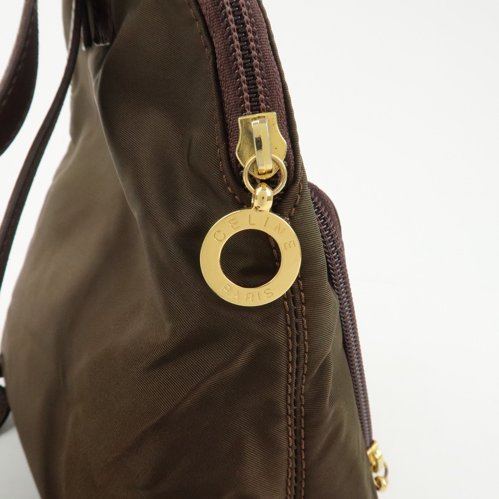 CELINE Logo Nylon Leather Backpack Ruck Sack Brown