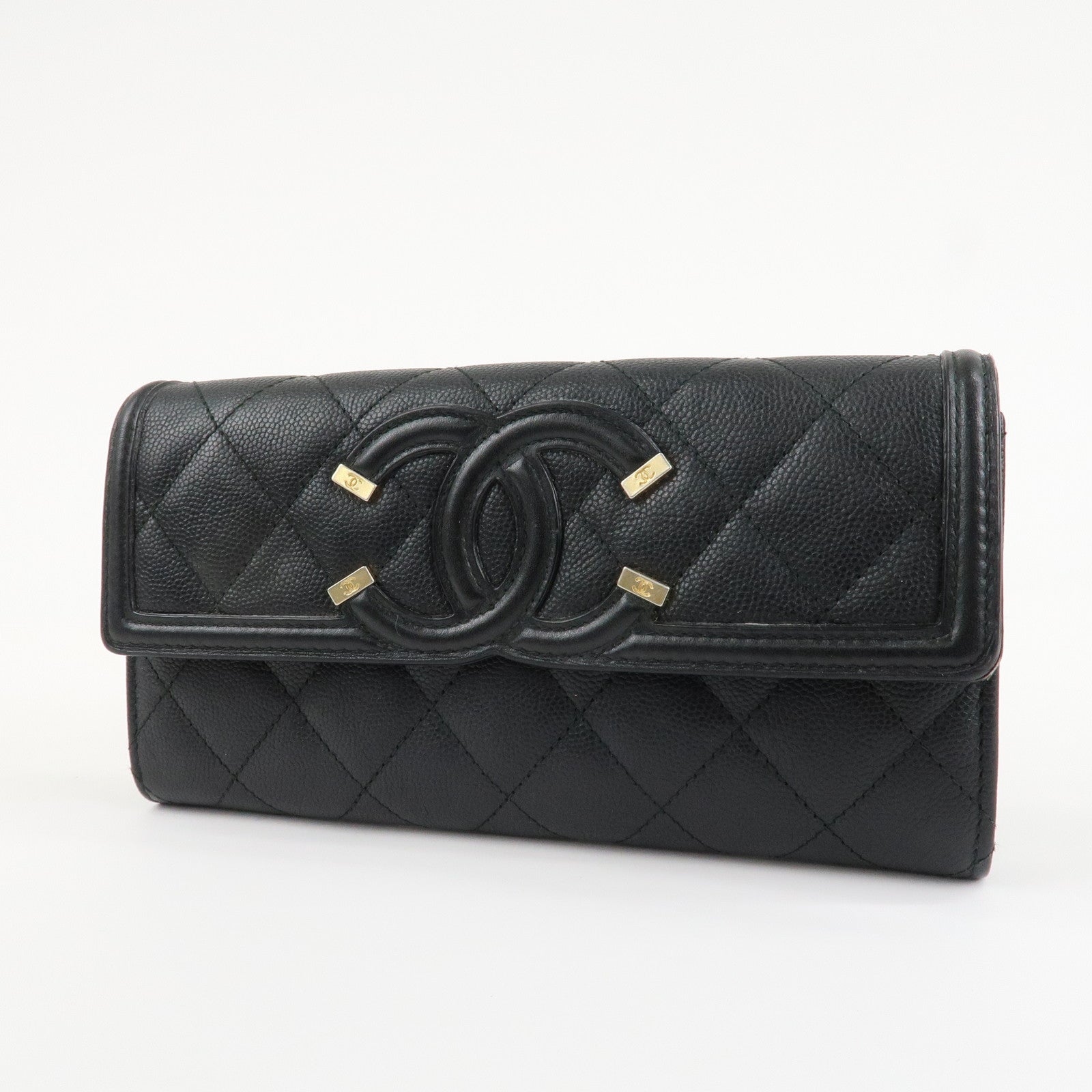 CHANEL Matelasse Caviar Skin CC Filigree Long Wallet Black A84448 Used