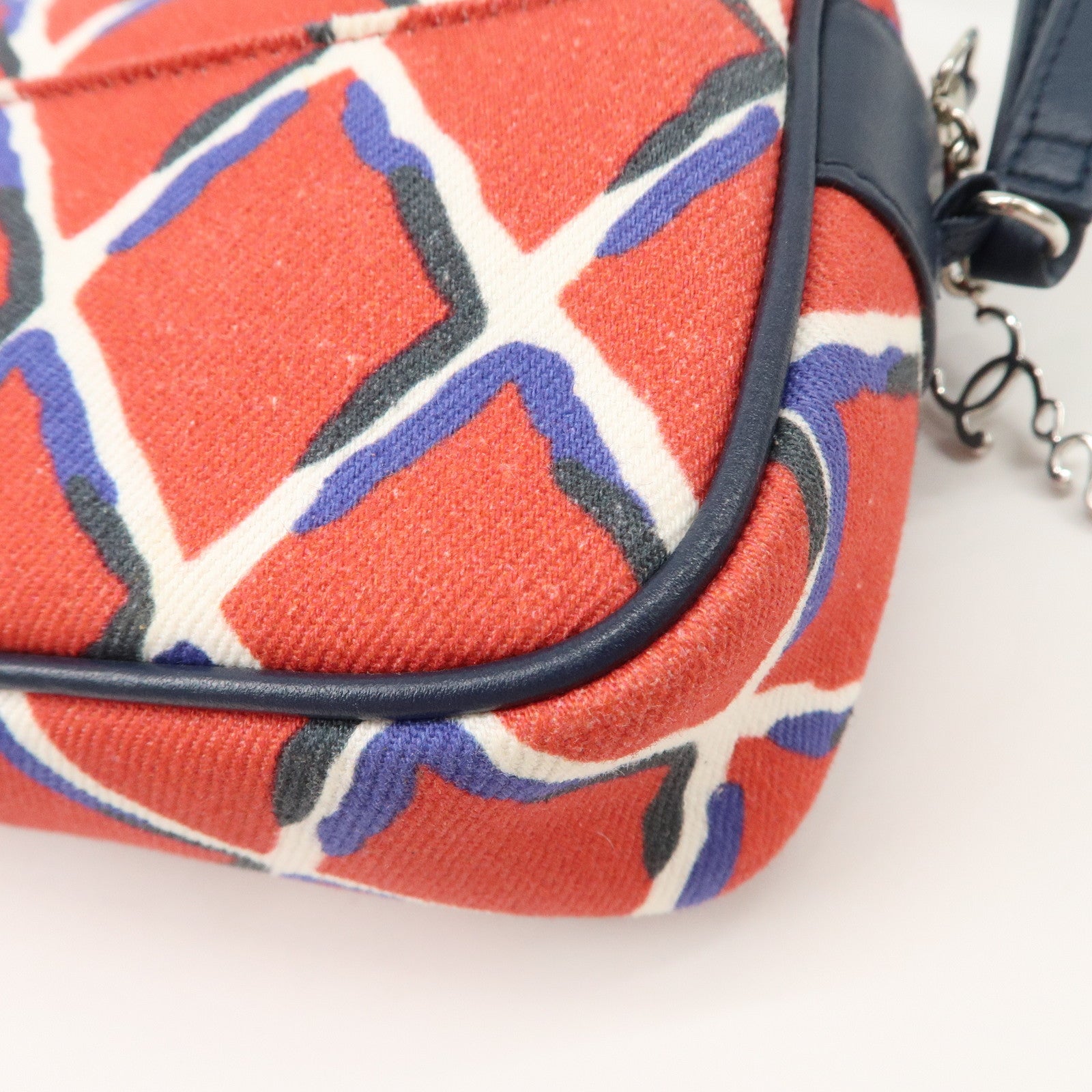 CHANEL COCO Mark COCO Beach Canvas Pouch Red Navy Silver HDW Used