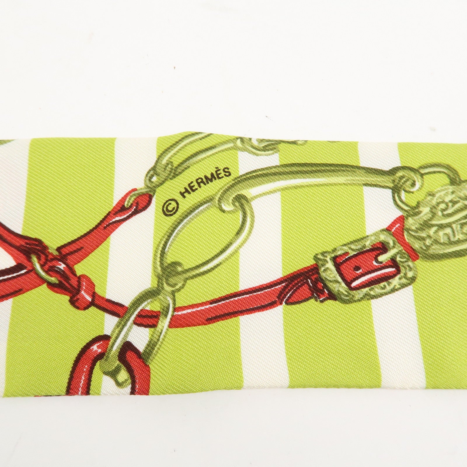 HERMES Twilly Silk 100% Scarf BRIDES de GALA Light Green Red