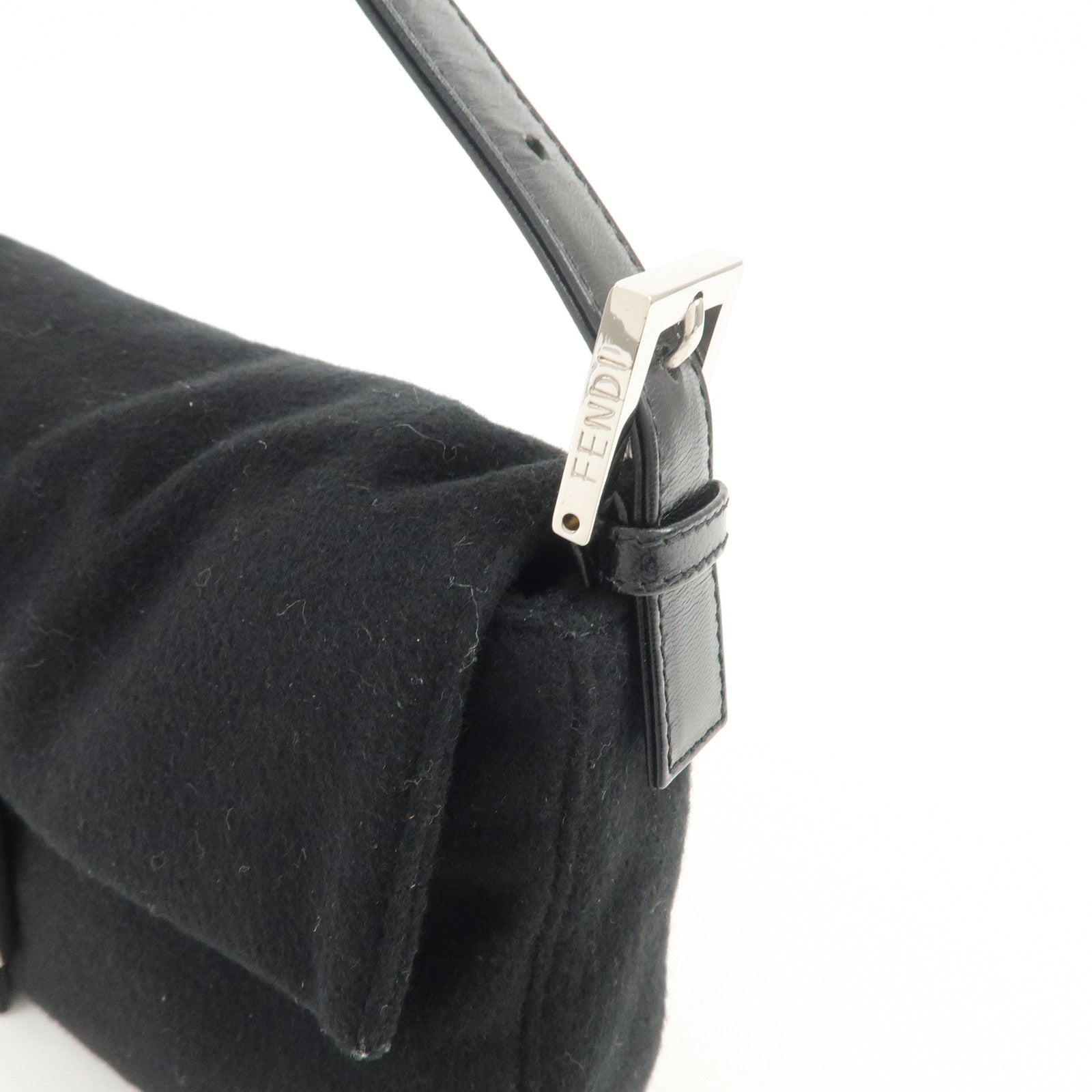 FENDI Mamma Baguette Wool Leather Shoulder Bag Hand Bag Black 26424