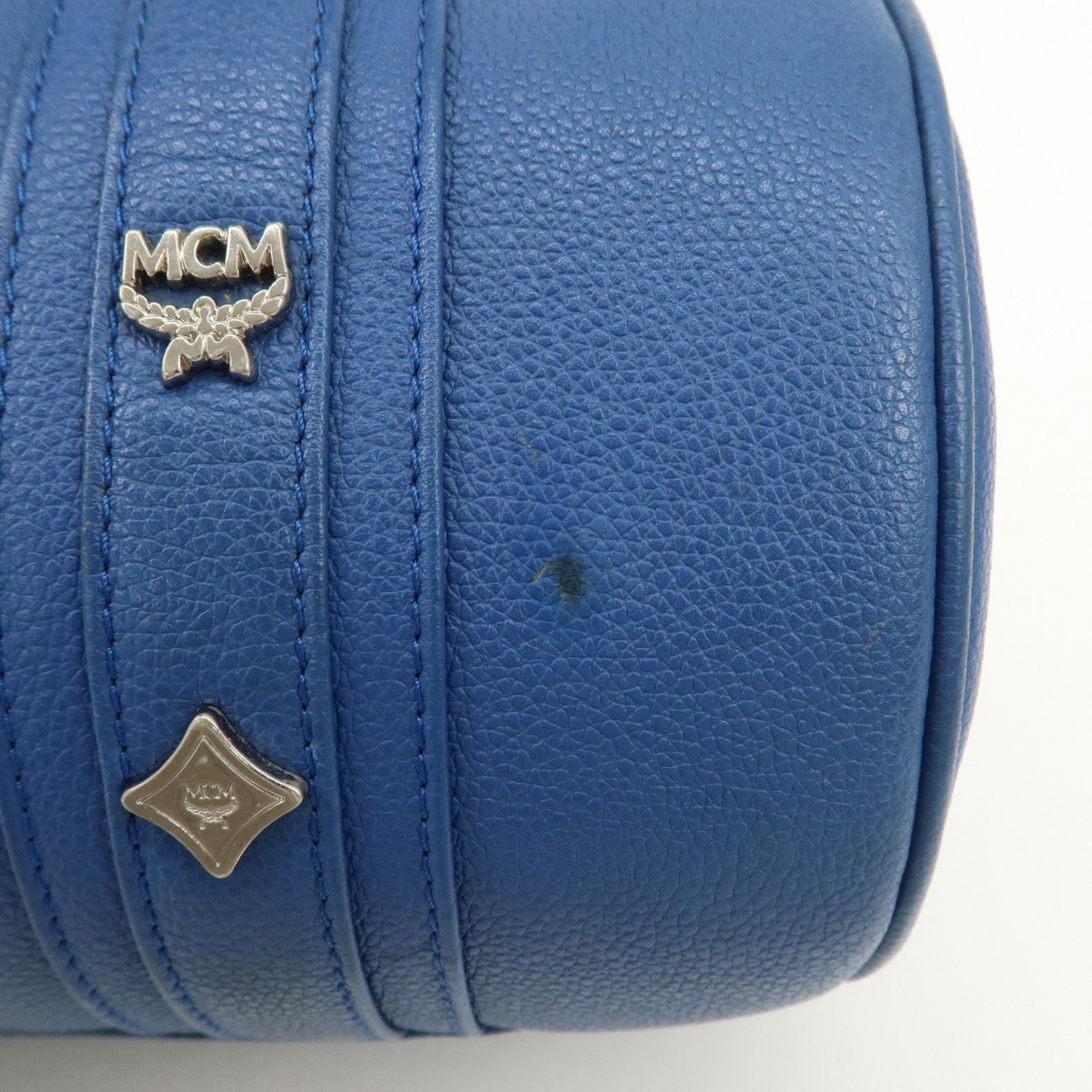 MCM Logo Leather Hand Bag Silver Studs Blue
