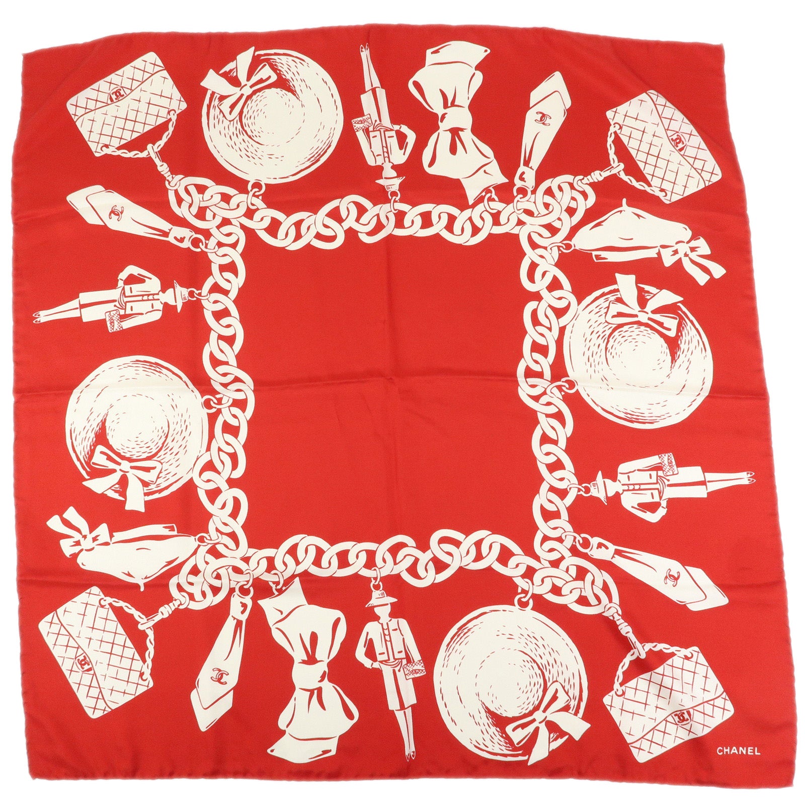 CHANEL Silk 100% Scarf Matelasse Bag Motif Red White