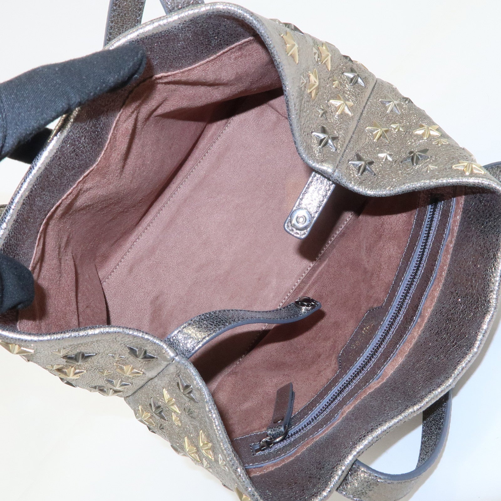 JIMMY CHOO Sophia Studs Leather Tote Bag Shoulder Bag Silver