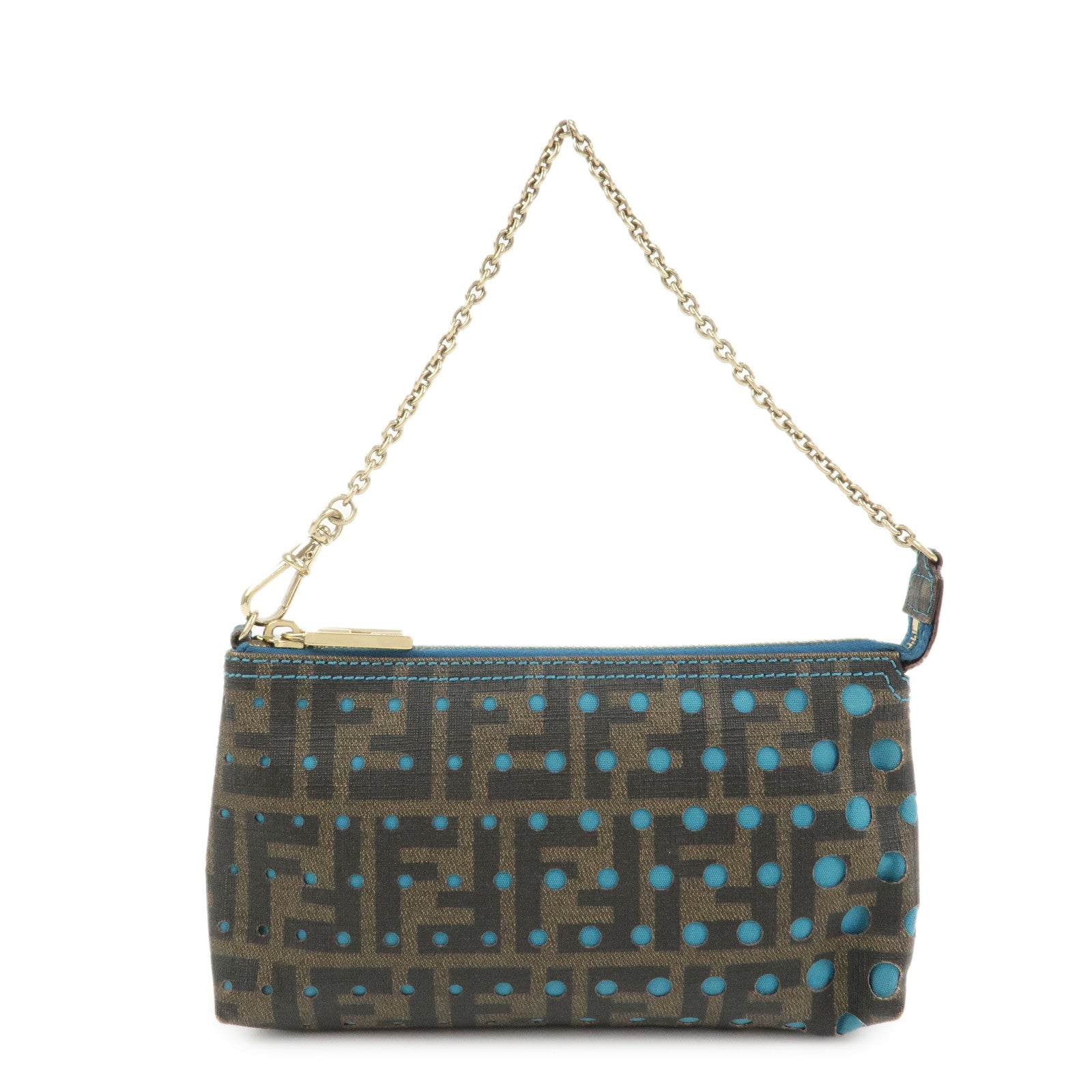 FENDI Zucca PVC Canvas Chain Accessory Pouch Brown Blue 8BR592