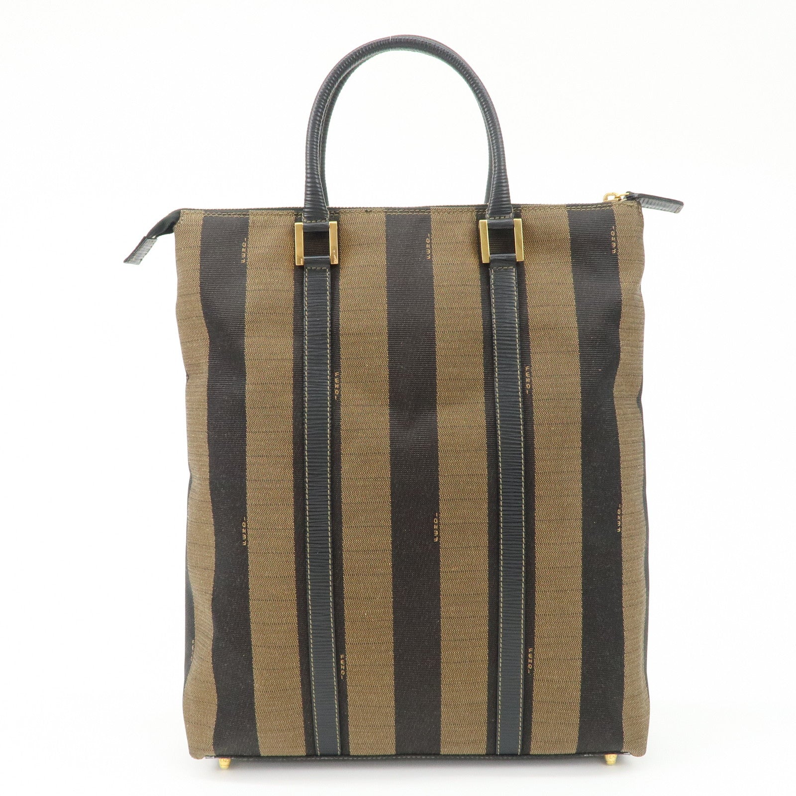 FENDI Pequin Canvas Leather Hand Bag Tote Bag Black Brown