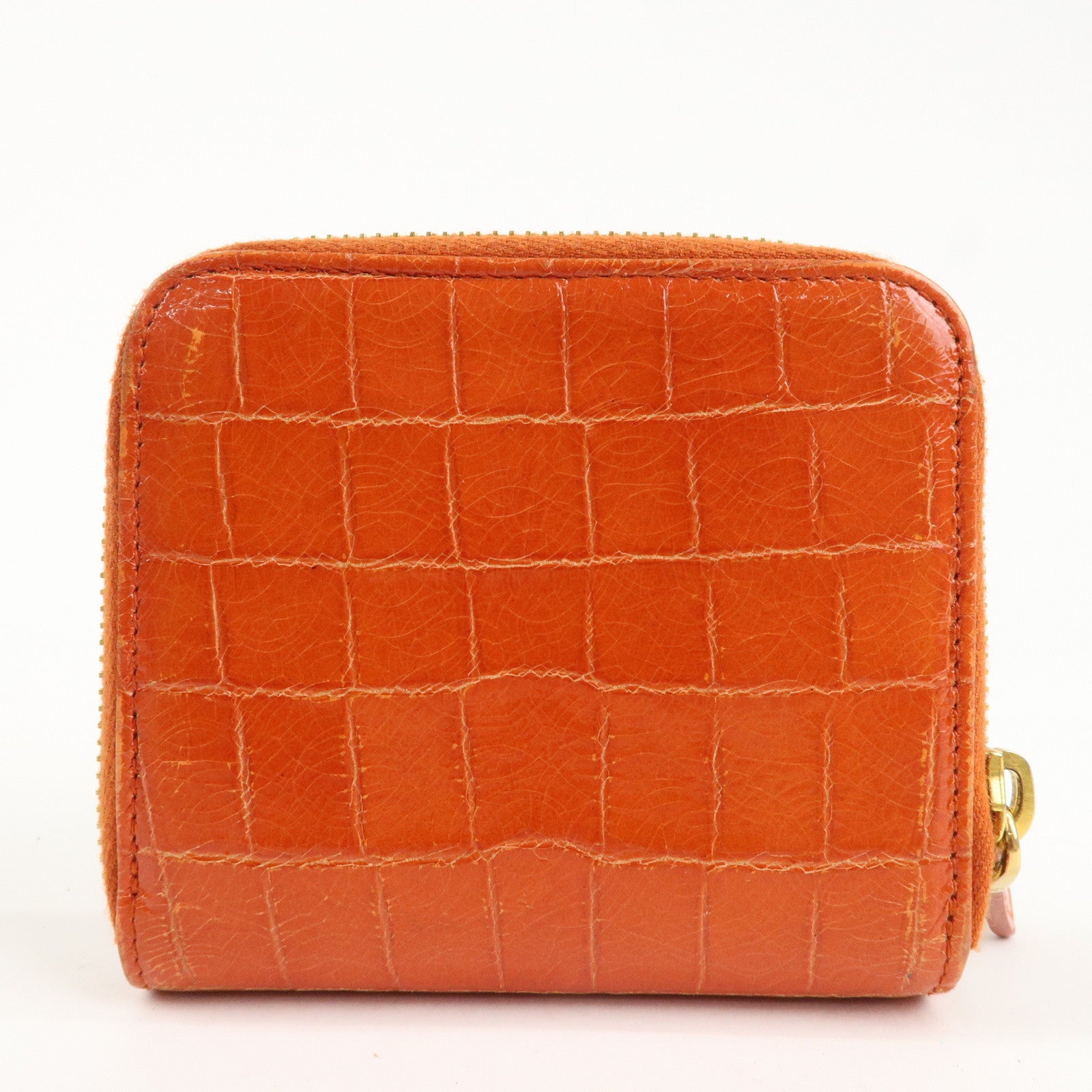 MIU MIU Leather Bi-Fold Wallet Compact Wallet Orange Gold Hardware Used