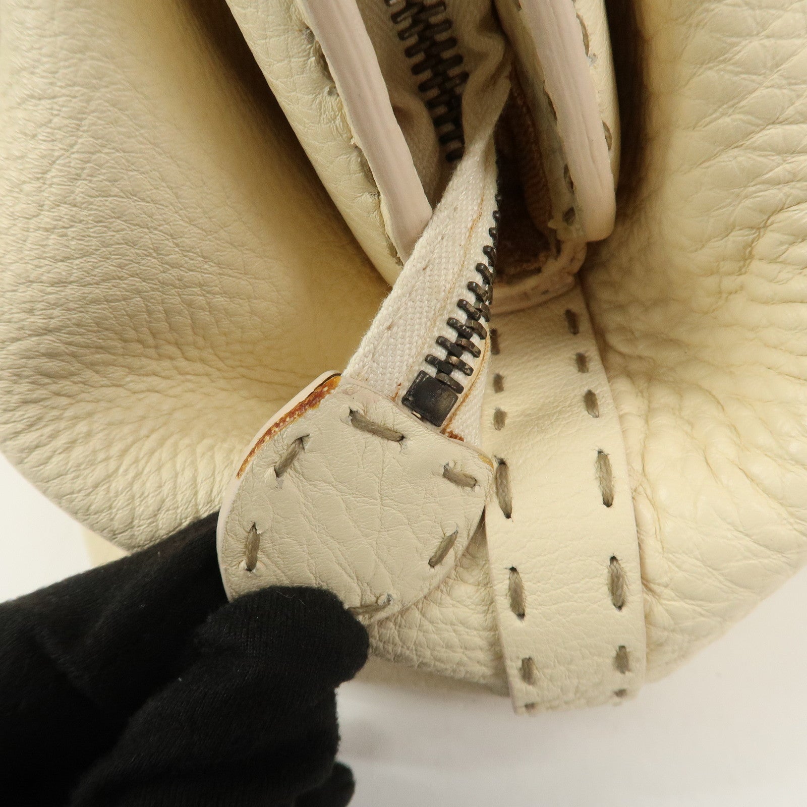FENDI Selleria Leather Boston Bag Hand Bag Cream 8BN127