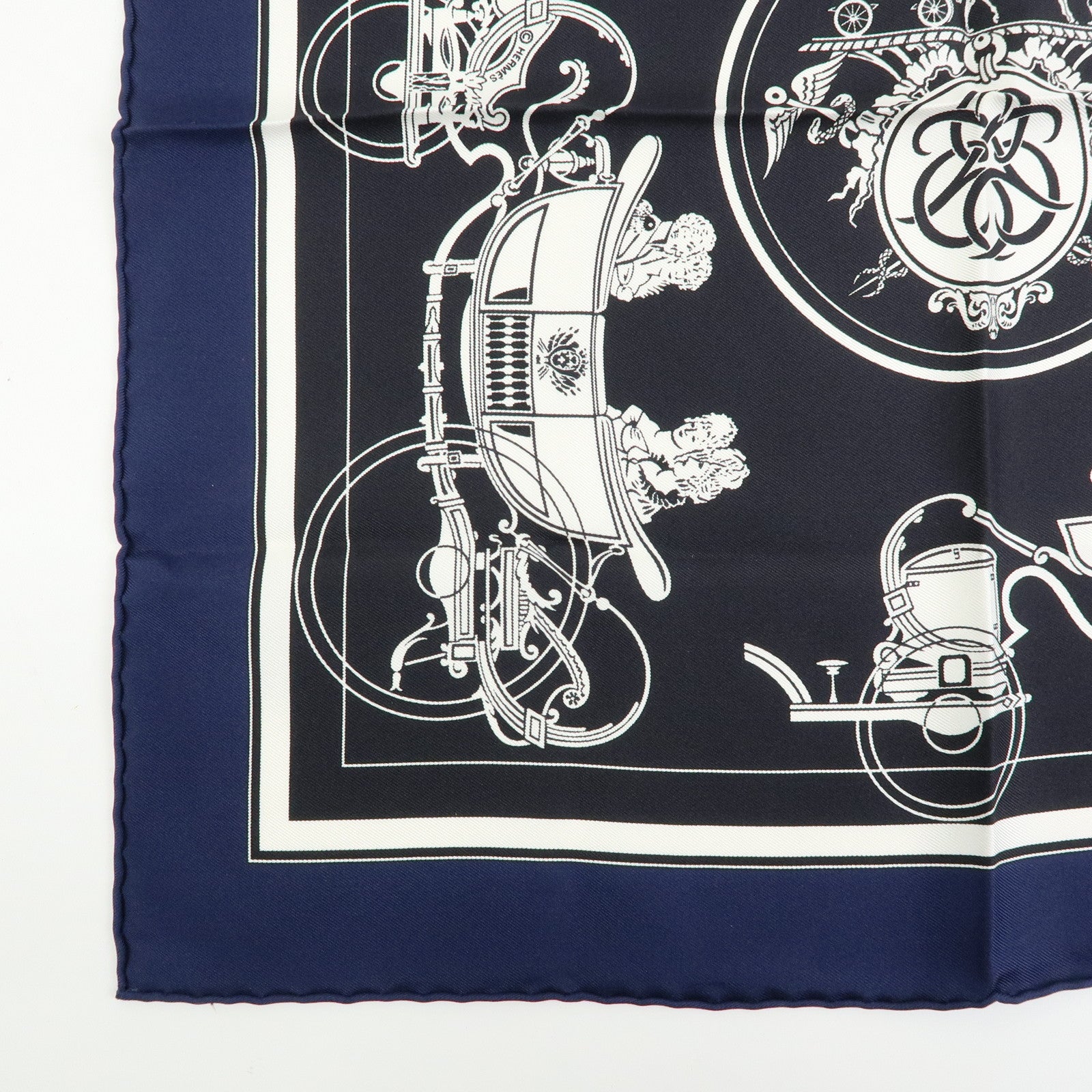 HERMES Carre 42 Silk 100% Ex-Libris Fringe Scarf Black Navy