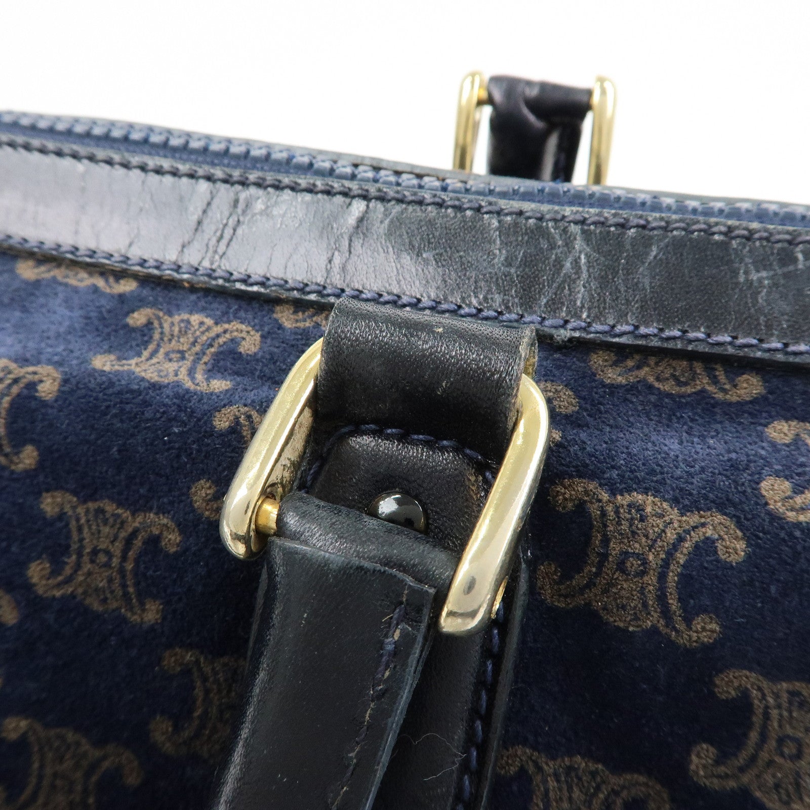 CELINE Macadam Leather Suede Hand Bag Boston Bag Navy
