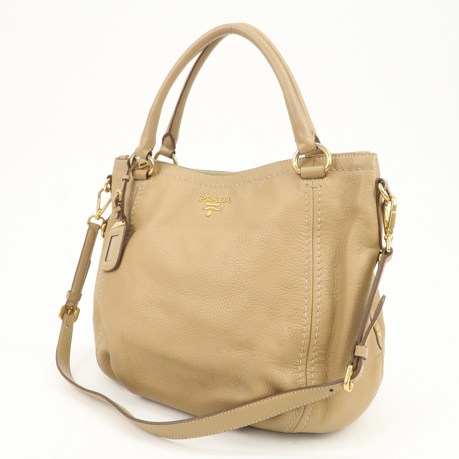 PRADA Logo Leather 2Way Bag Hand Bag Shoulder Bag Camel