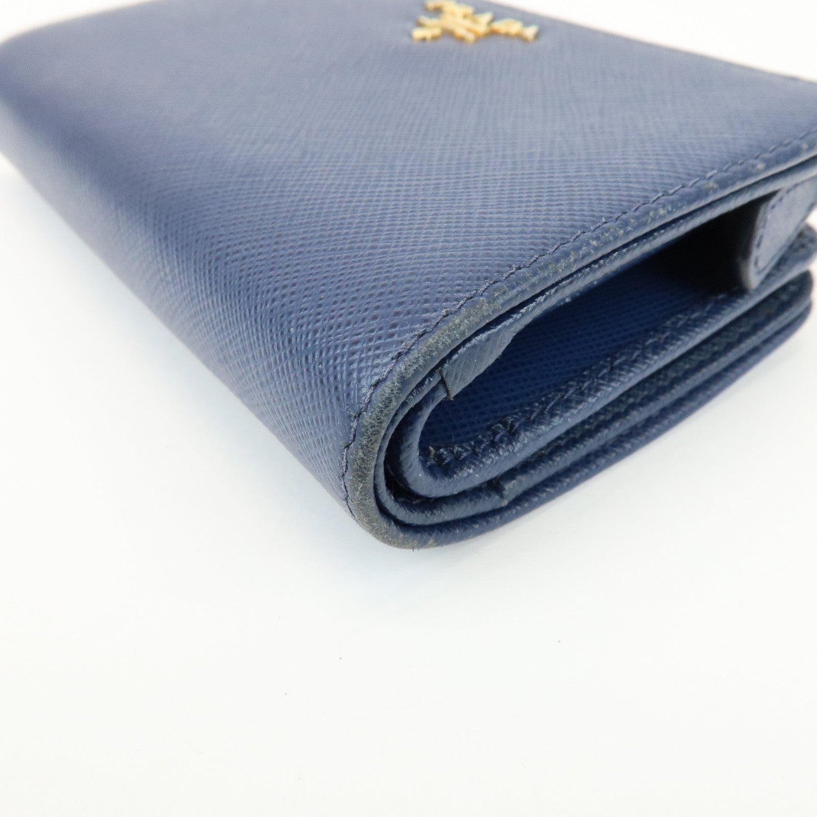 PRADA Saffiano Leather Compact Wallet Navy Gold 1ML225
