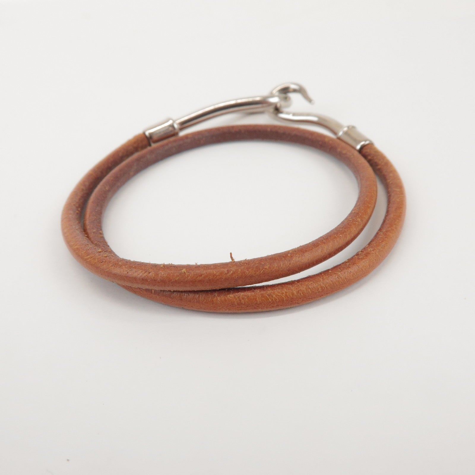HERMES Jumbo Choker Leather Metal Bracelet Brown Silver