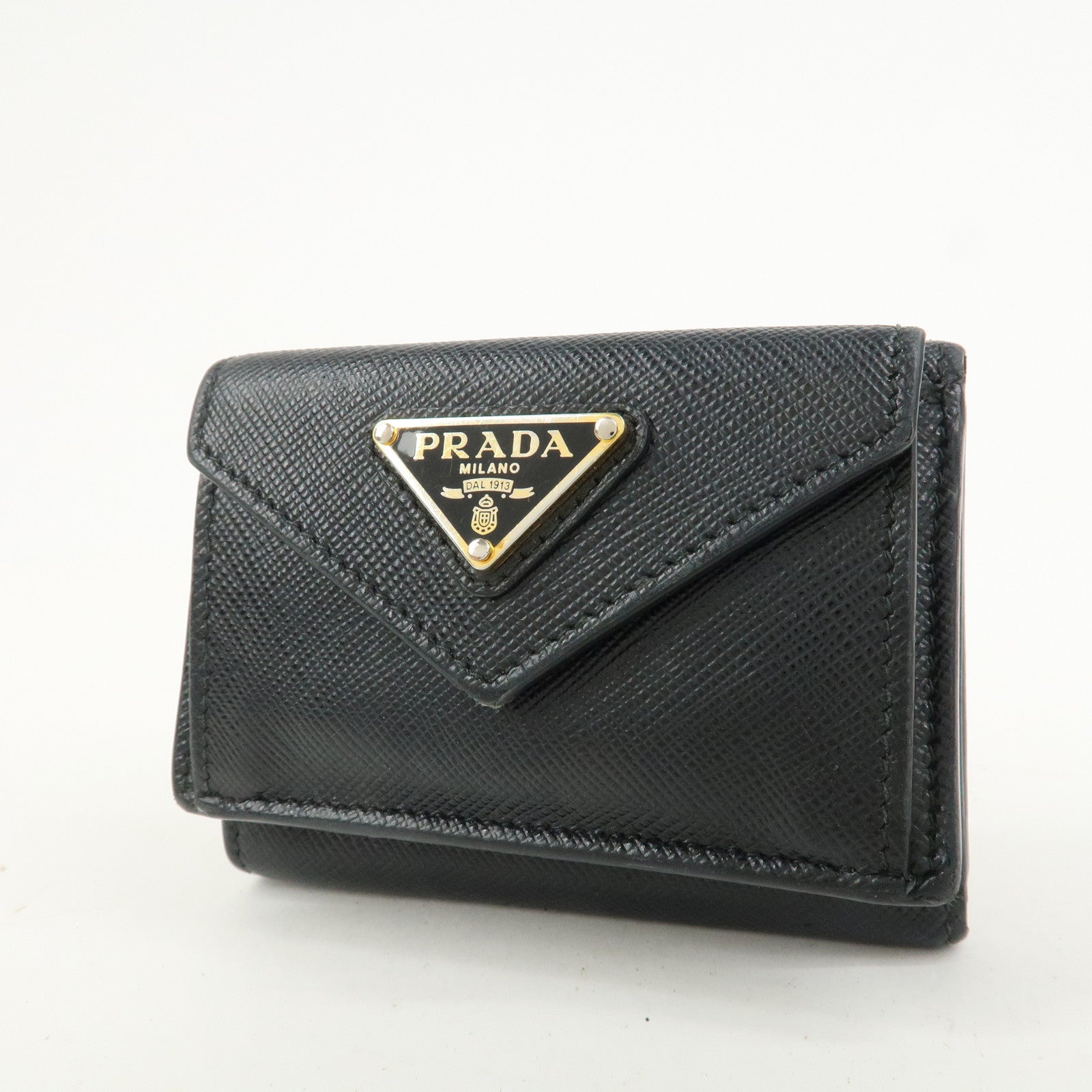 PRADA Triangle Logo Saffiano Leather Tri-fold Wallet Black 1MH021