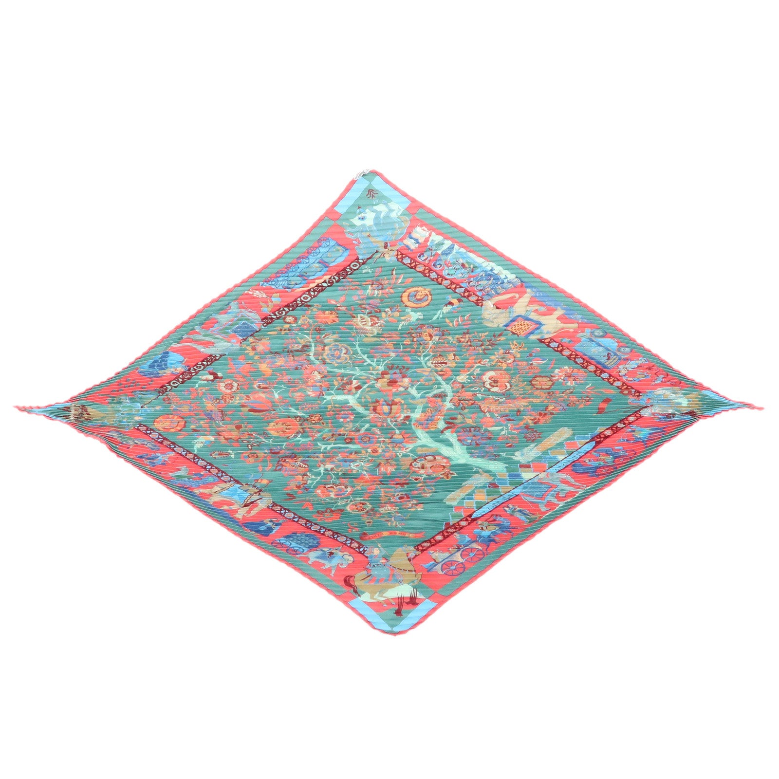 HERMES Pleated Carre 90 Set of 2 Silk 100% Scarf Green Pink