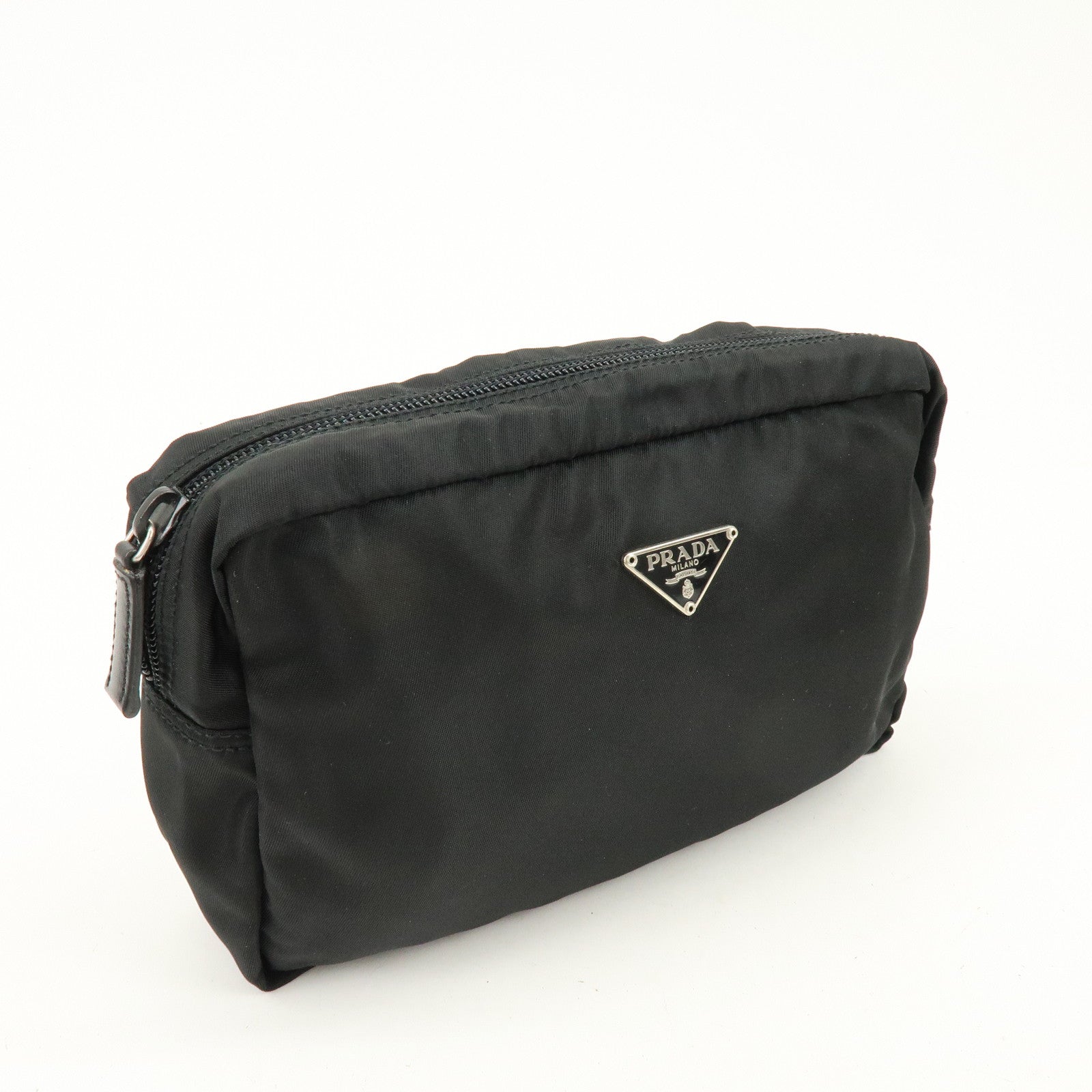 PRADA Triangle Logo Nylon Pouch Cosmetic Case Black