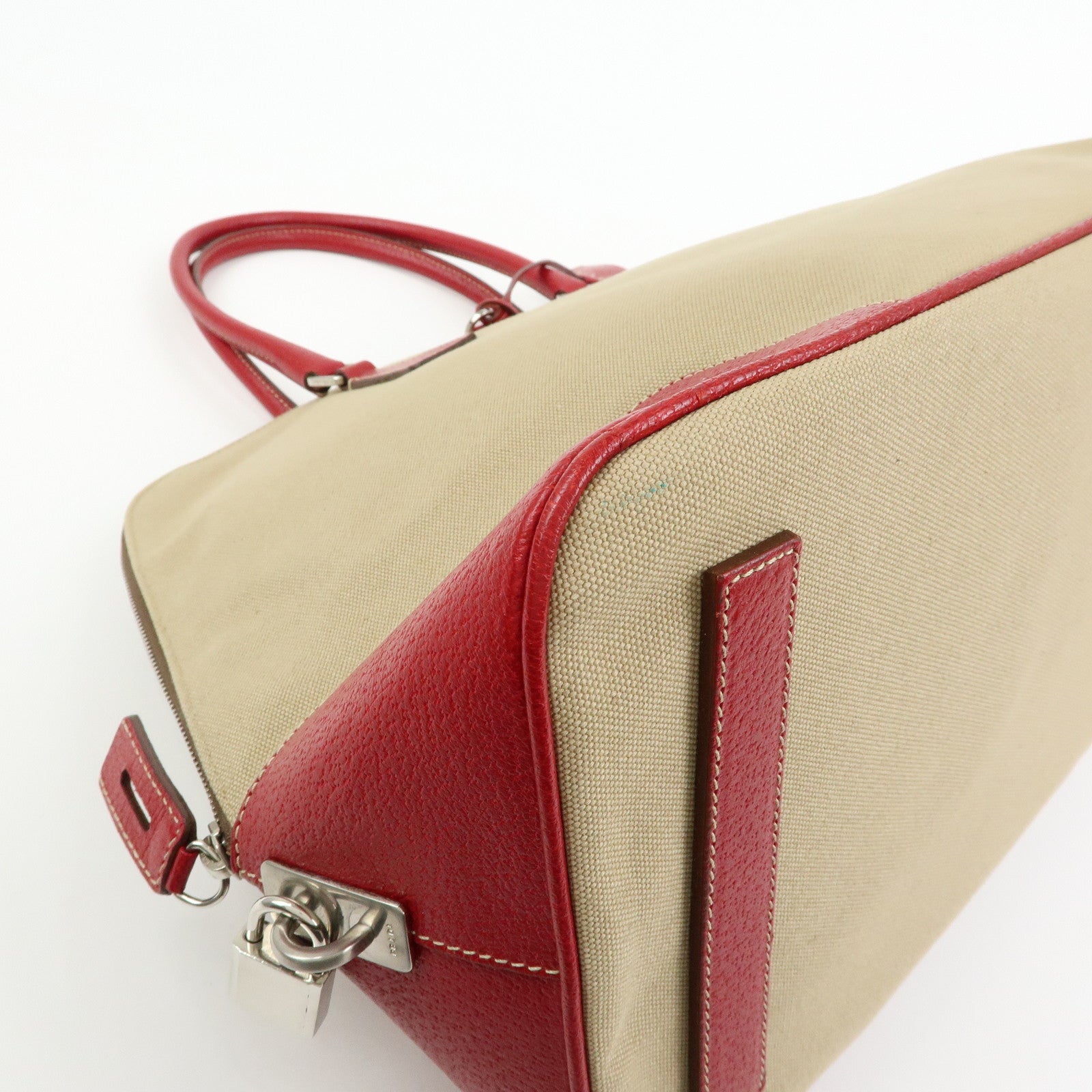 PRADA Triangle Logo Canvas Leather Hand Bag Beige Red