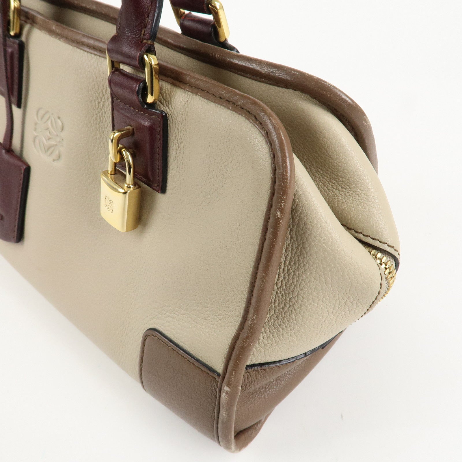 LOEWE Anagram Amazona 28 Leather Hand Bag Brown Ivory Bordeaux Used