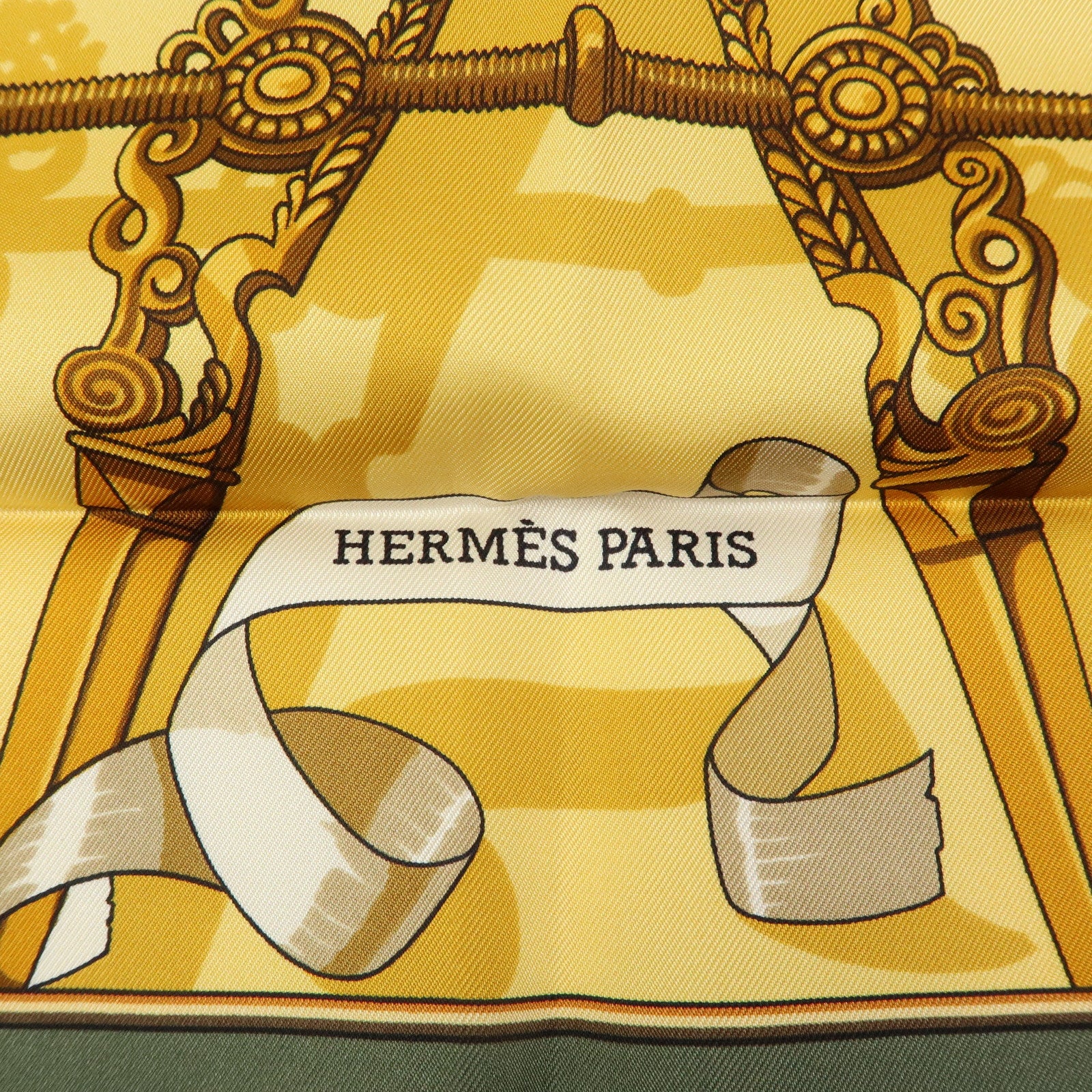 HERMES Carre 90 Silk 100% Scarf Copeaux Gold Yellow Moss Green