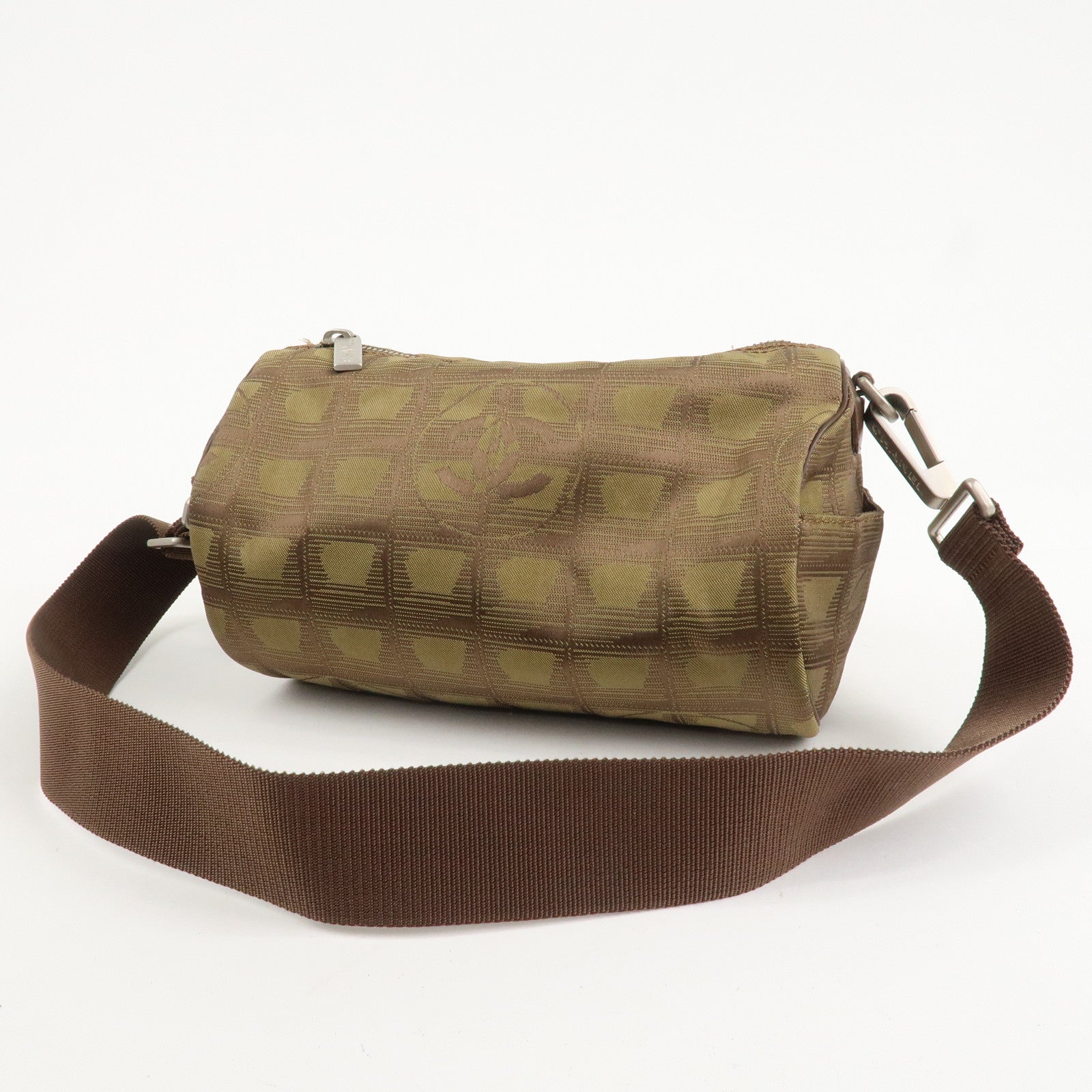 CHANEL New Travel Line Nylon Jacquard Shoulder Bag Khaki Used