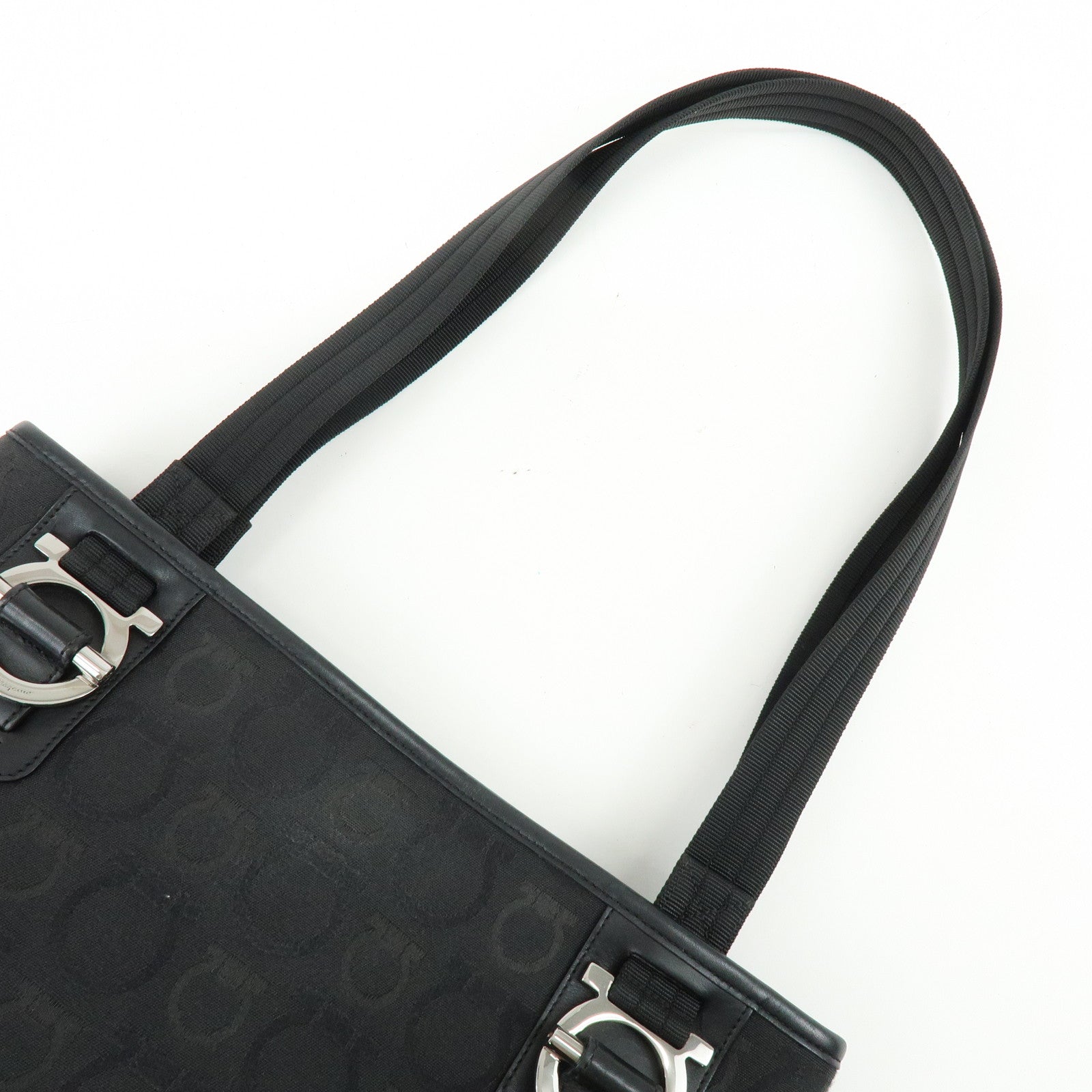 Ferragamo Gancini Canvas Leather Tote Bag Shoulder Bag Black