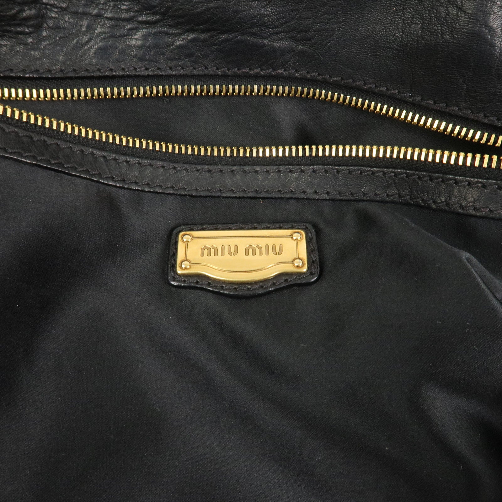 MIU MIU Leather 2 Way Bag Tote Shoulder Crossbody Bag Black Gold