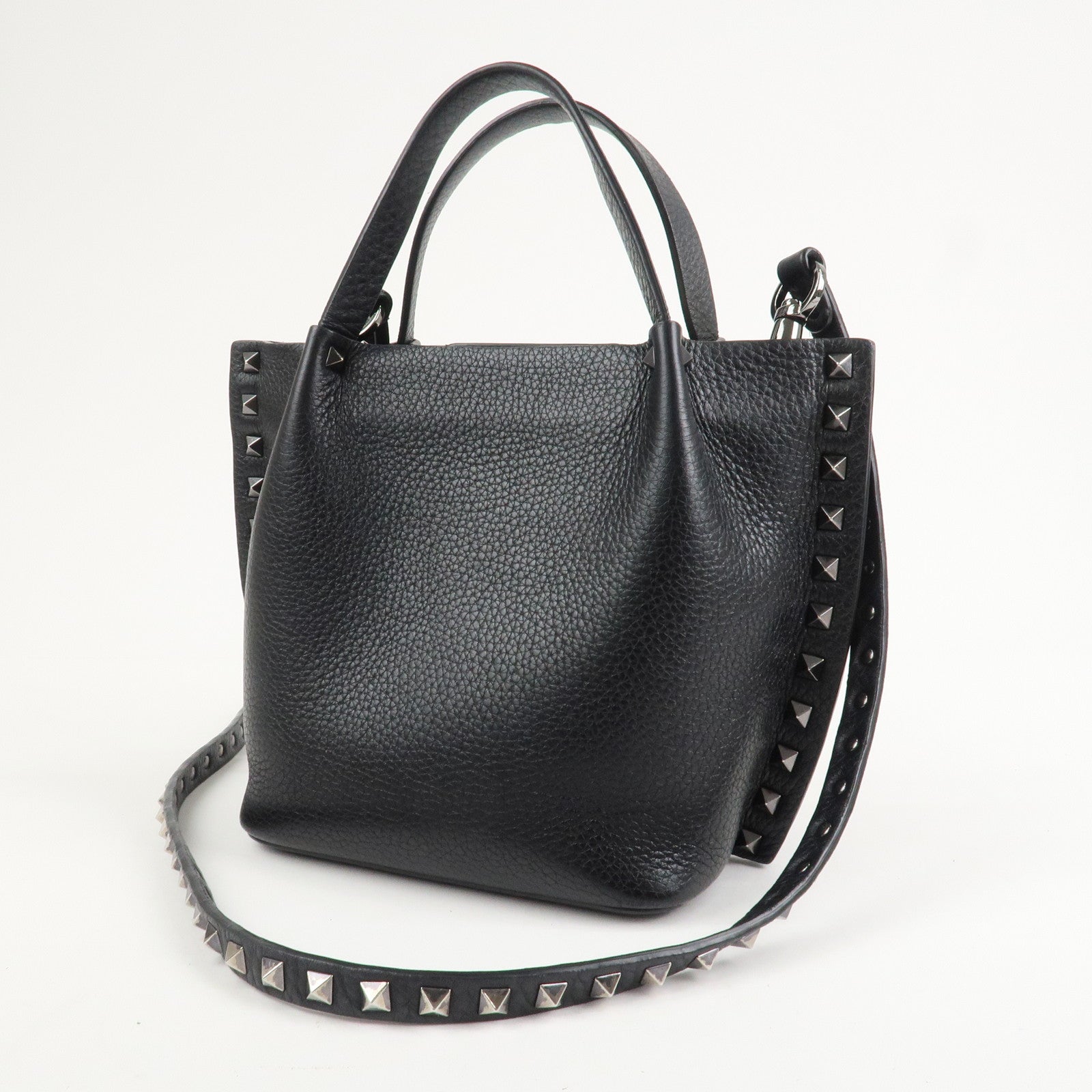 VALENTINO Rock Studs Grained Calf Leather 2Way Bag Hand Bag Black